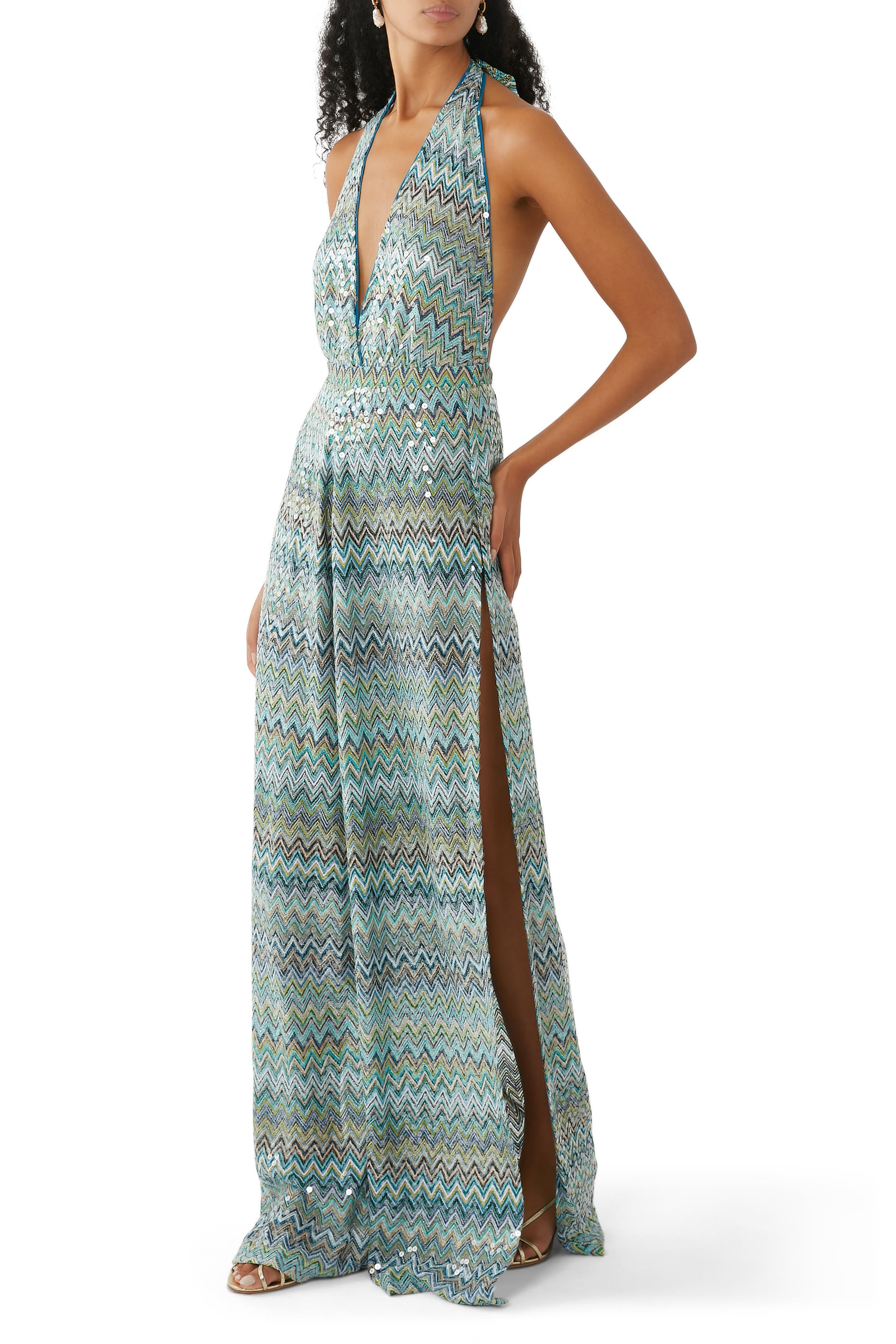 Exclusive Mare Chevron Raschel Sequinned Halter Jumpsuit