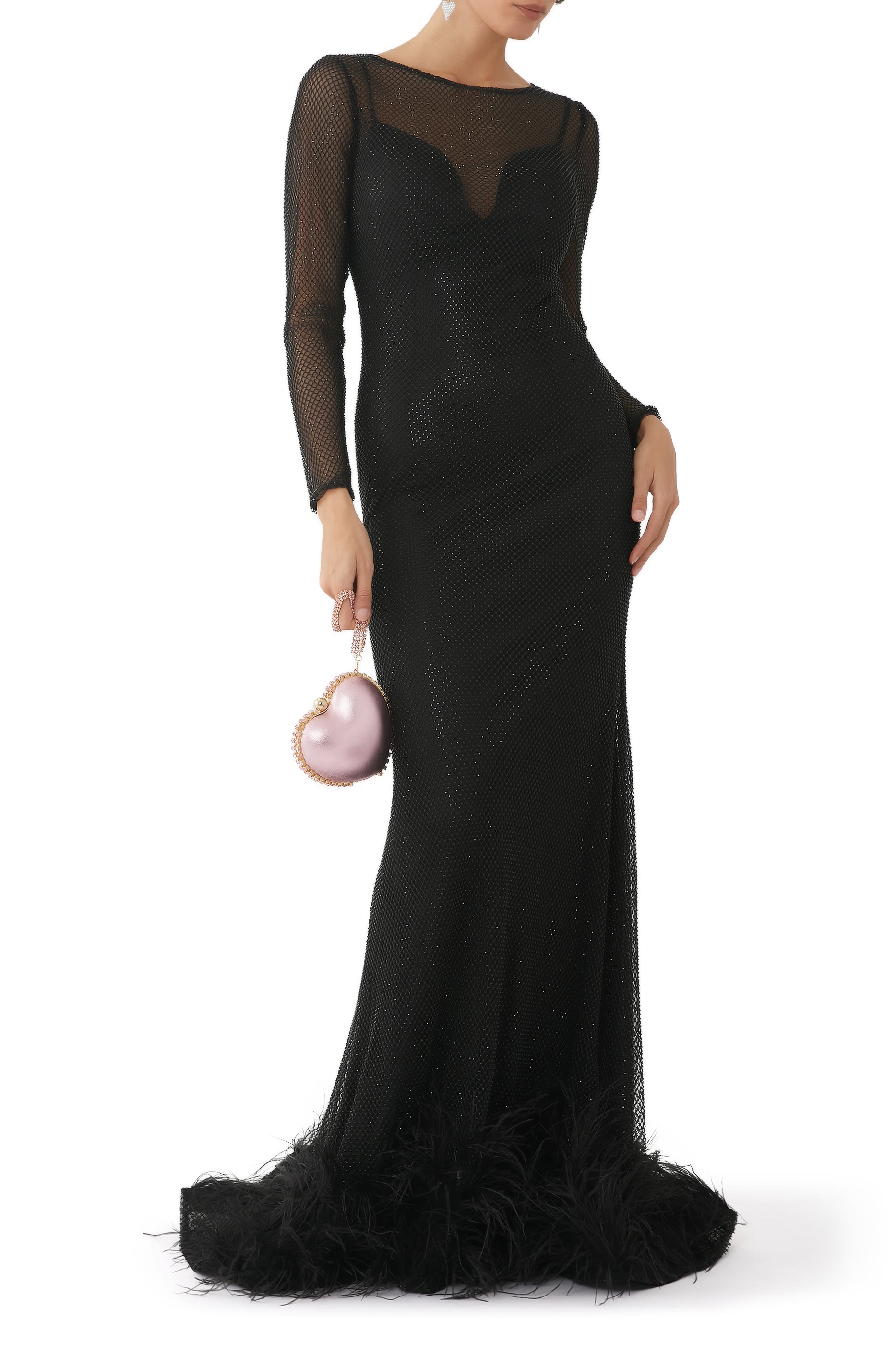 Mesh Feather Trim Gown