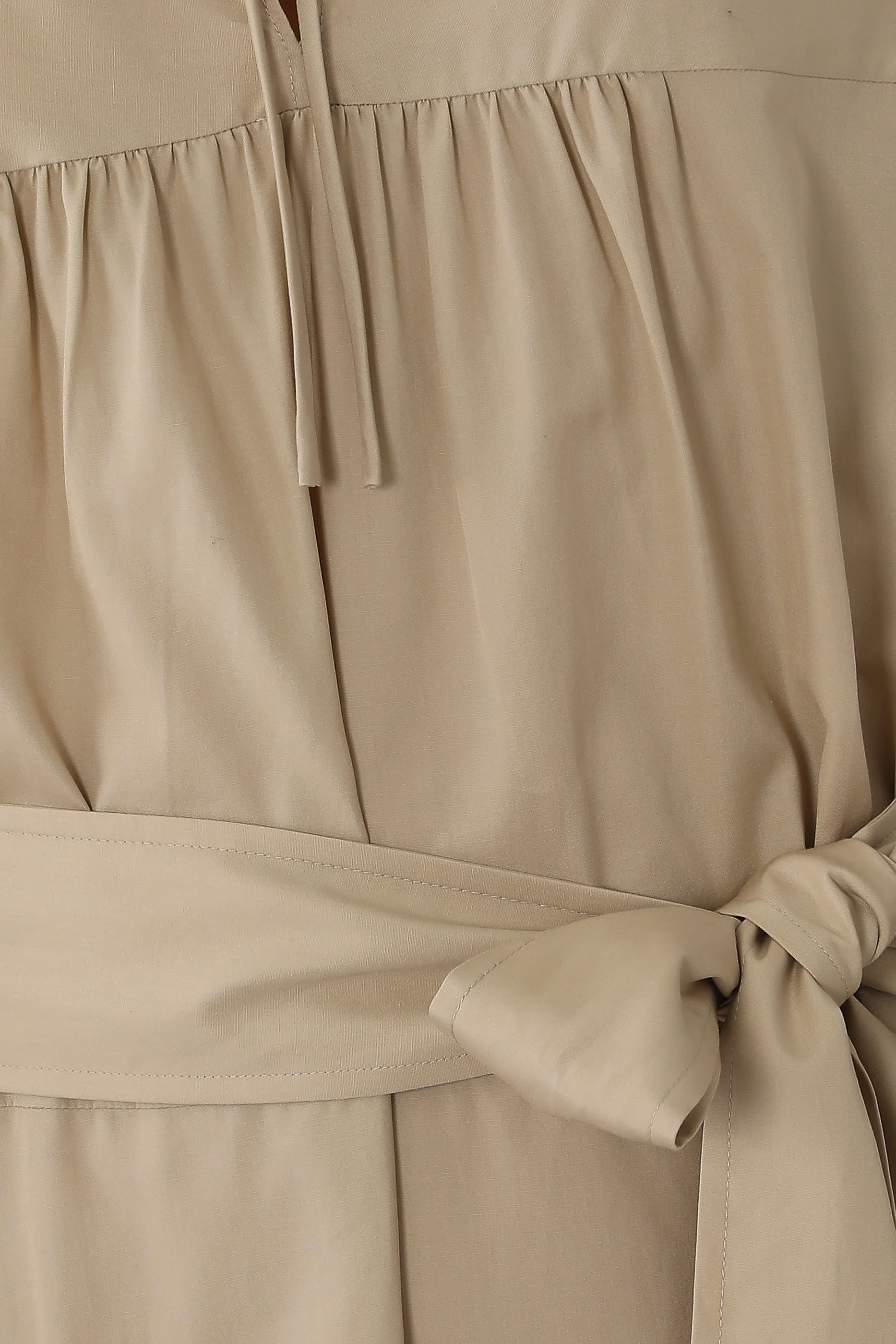 Shirred Cotton Belted Tie-Neck Dress