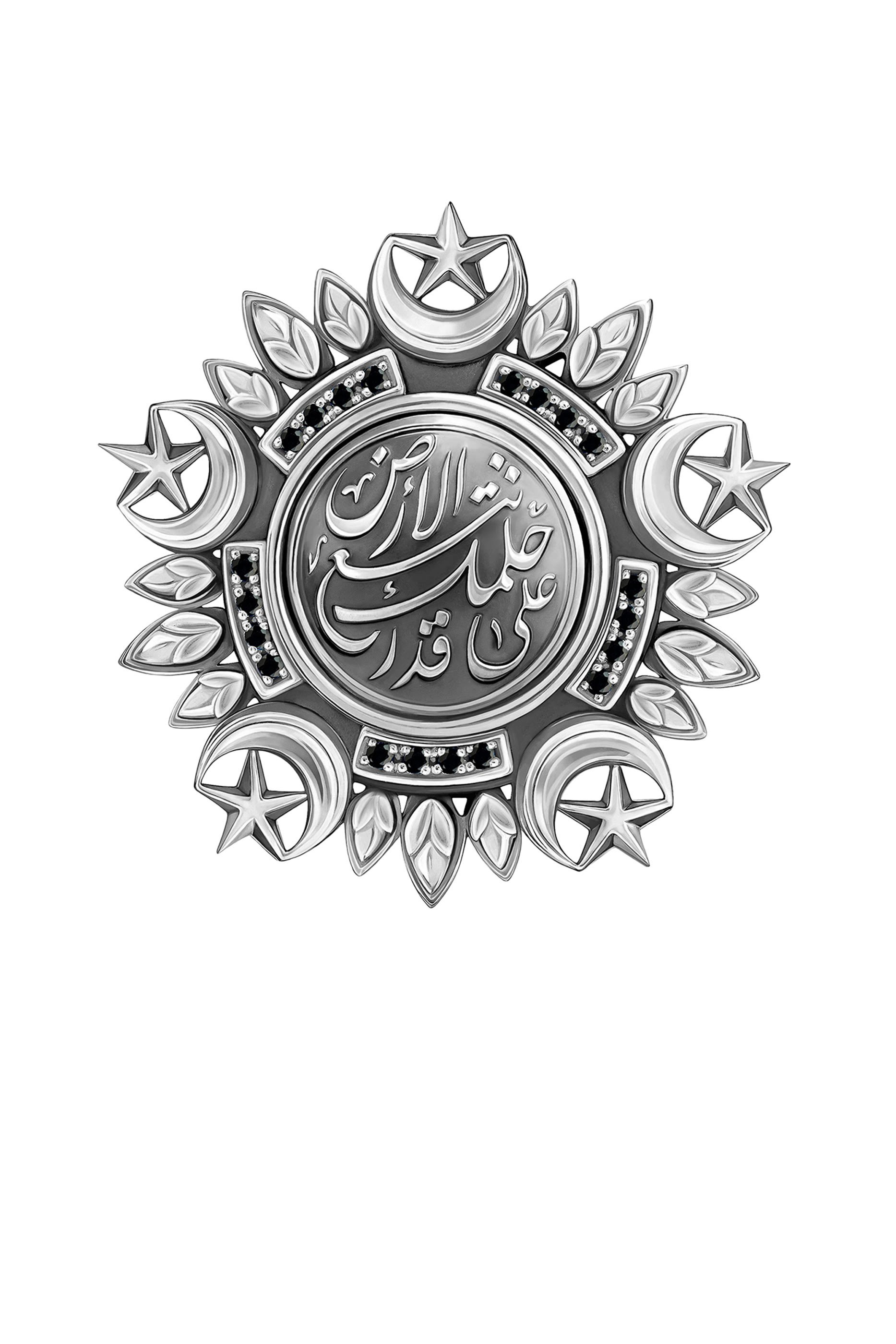 Medallion Pin Brooch, Sterling Silver & Black Diamonds