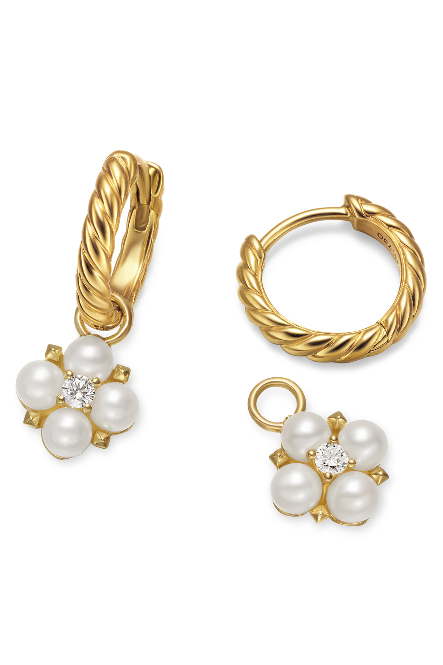 Petite Modern Renaissance Pearl Drop Earrings, 18K Yellow Gold with Akoya White Pearls & Diamonds