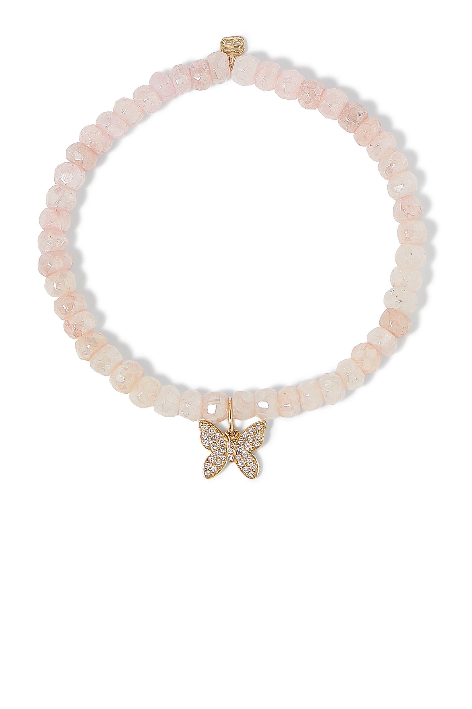 Kids Butterfly Charm Beaded Bracelet, 14K Yellow Gold &  Mystic Pink Grapolite