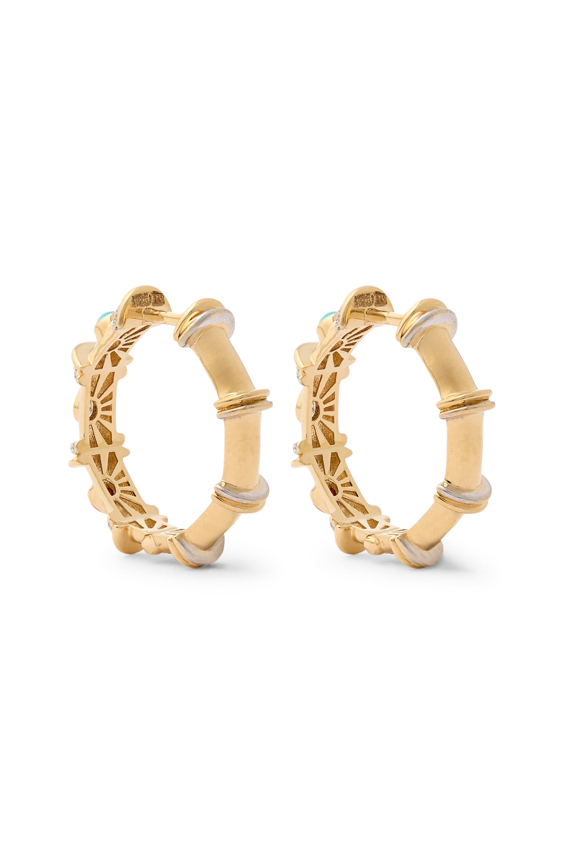 Milky Multicharm Hoops, 18K Yellow Gold, Diamonds, Red Coral & Turquoise