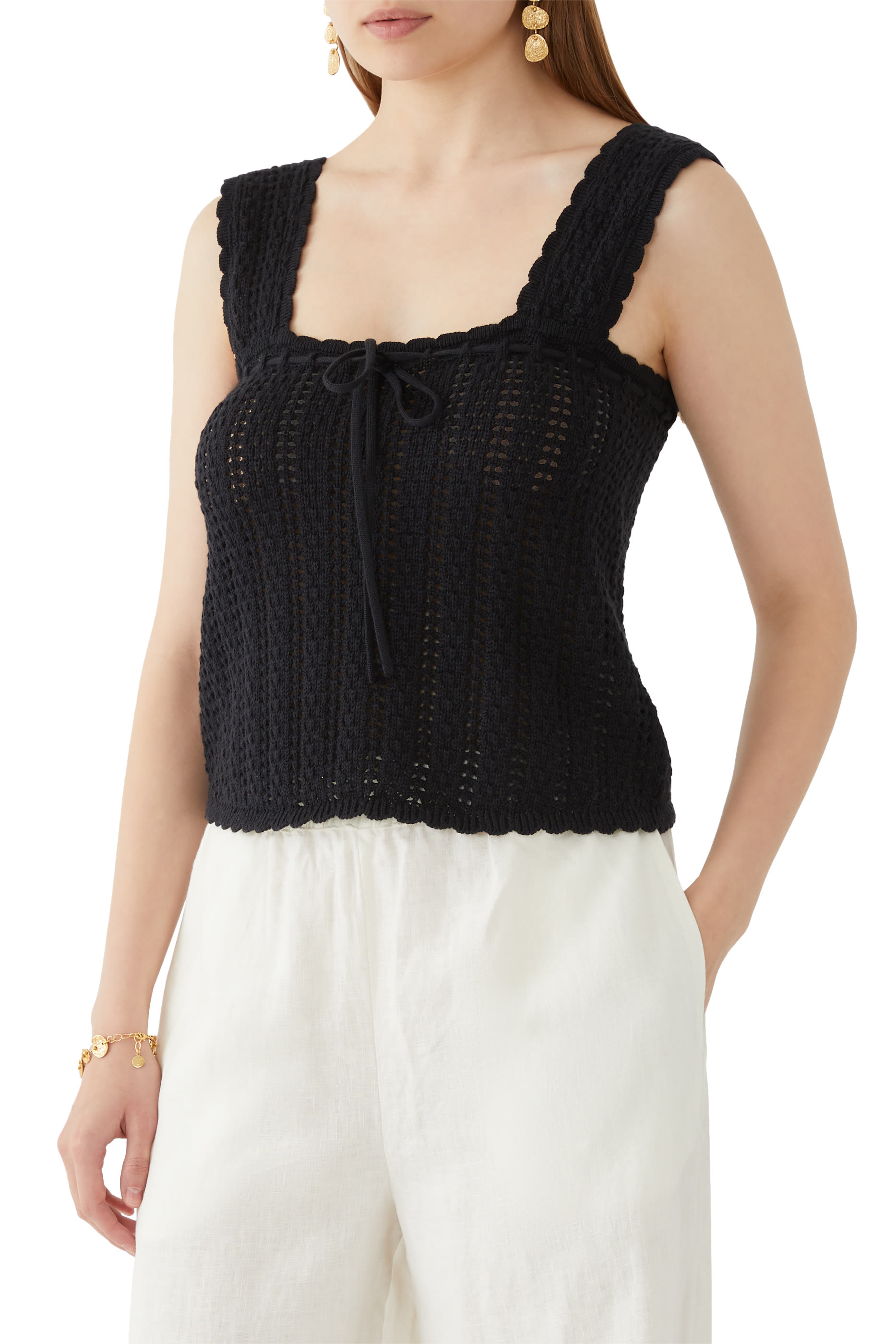 Pointelle Scalloped Shoulder Cami Top