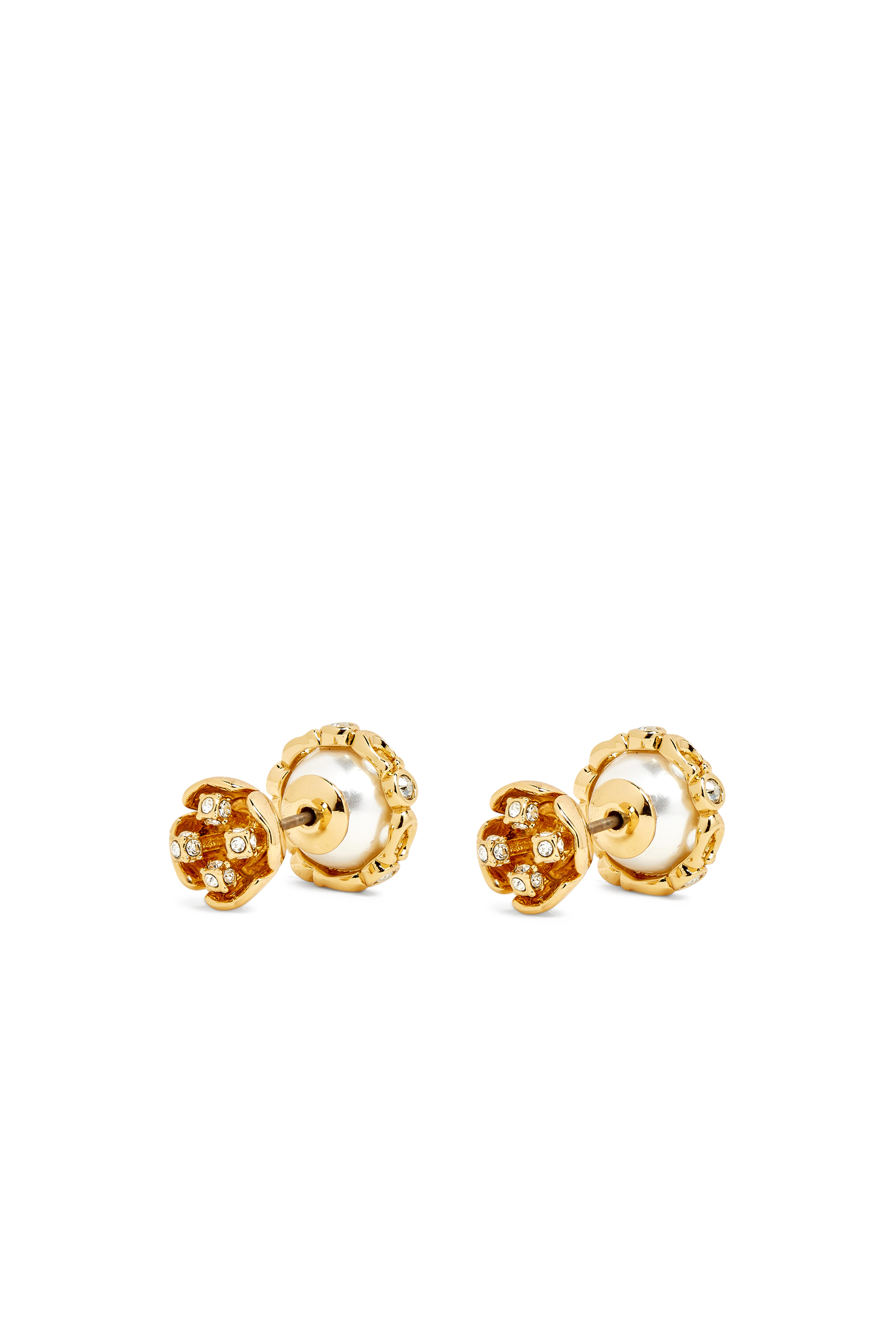 Pearl Floral Front Back Stud Earrings, Plated Brass, Glass & Cubic Zirconia