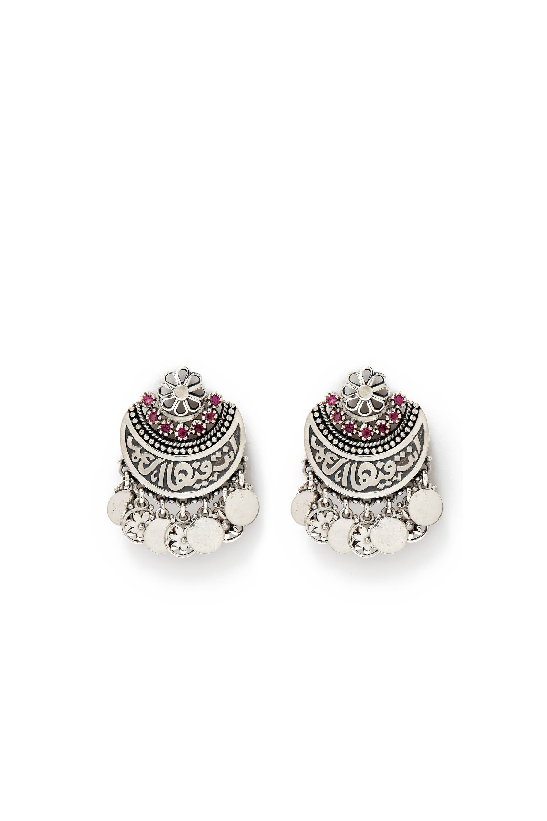 Fallahy Crescent Earrings, Sterling Silver with Rhodolite & Semi-Precious Stones