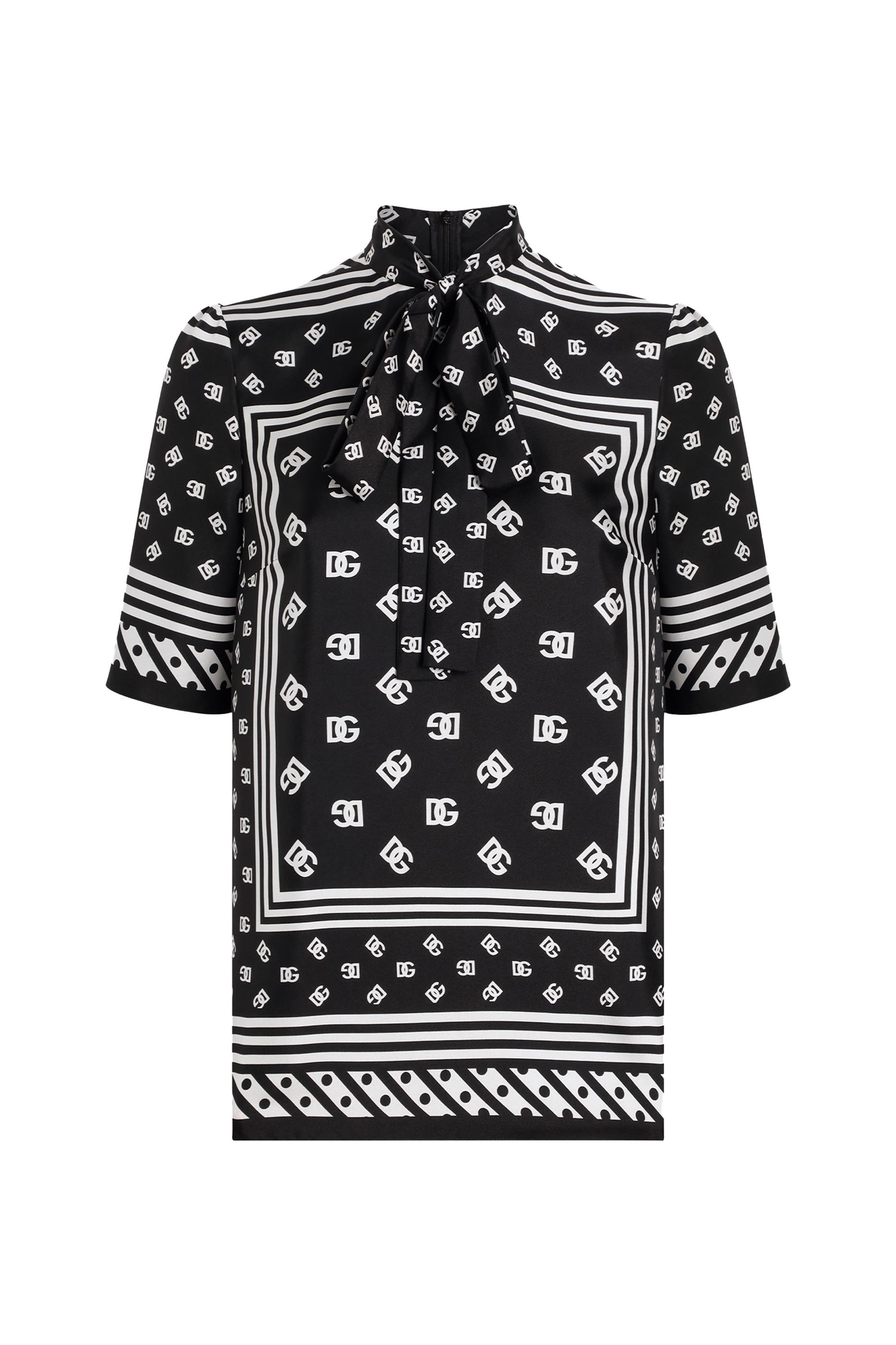 Short Sleeve Logo Silk Blouse