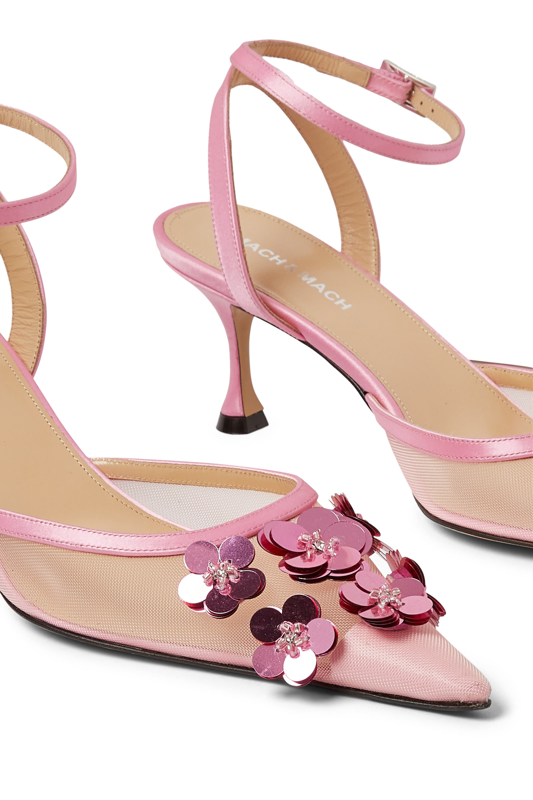 Embellished 65 Satin-Trimmed Mesh Pumps