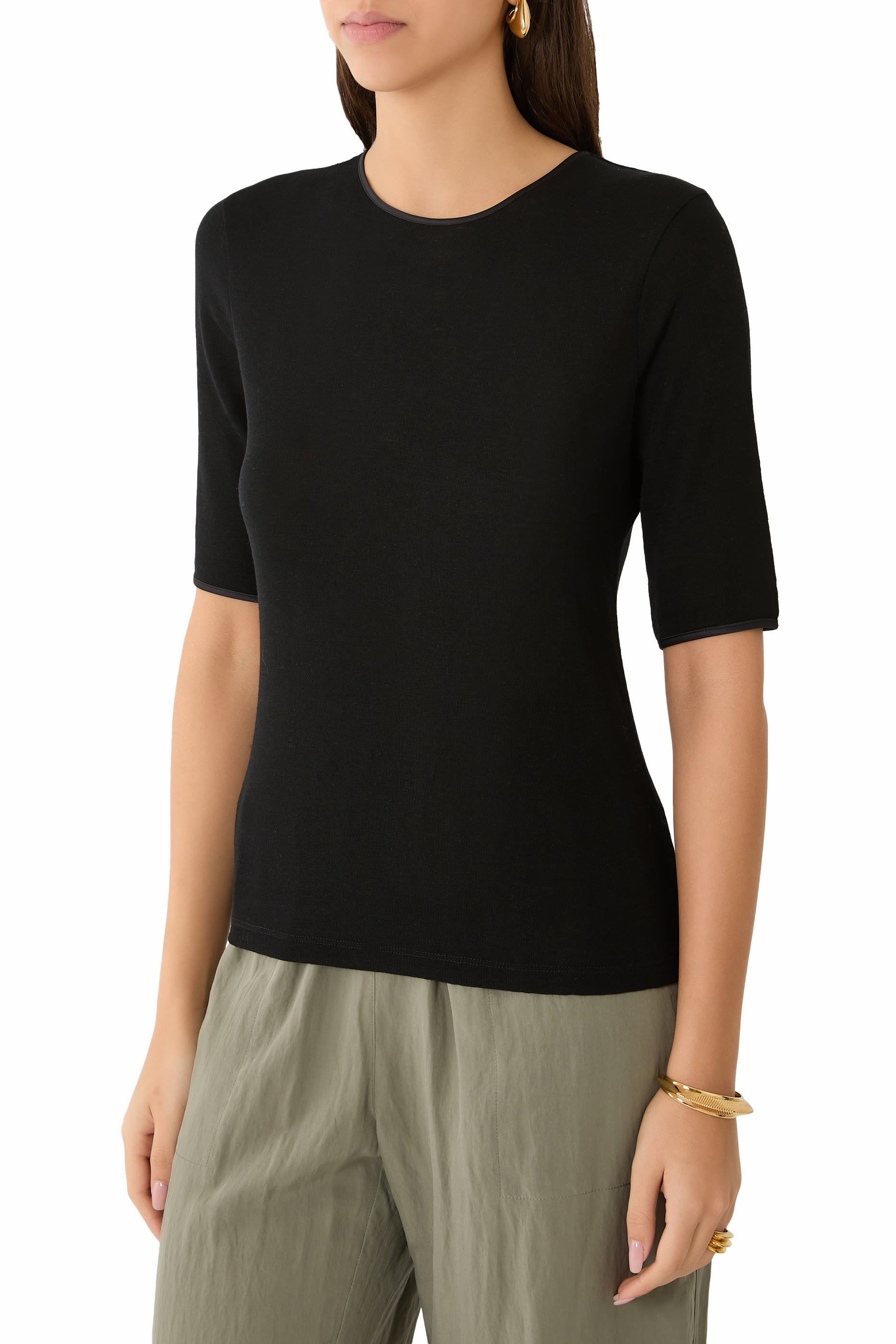 Satin-Trim Wool Elbow-Sleeve T-Shirt 