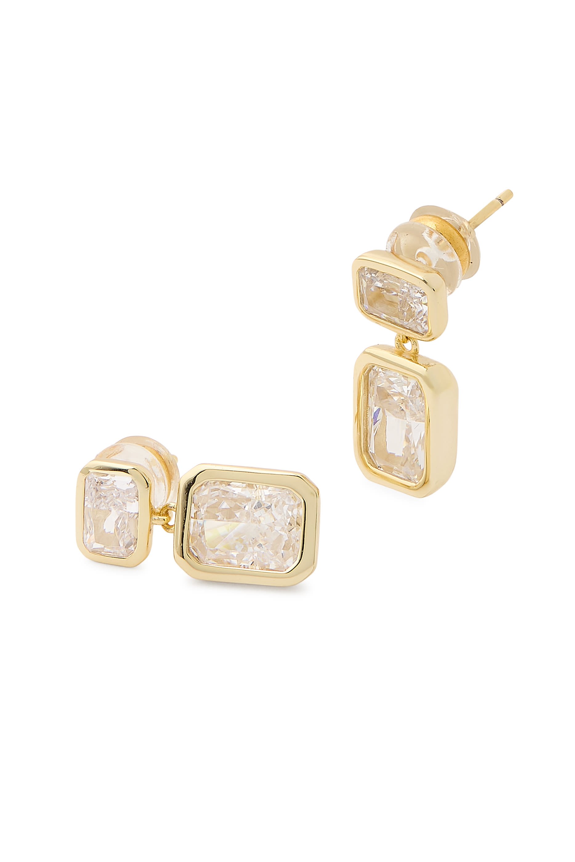 Emerald Baguette Drop Earrings, 14k Vermeil on Sterling Silver & Crushed Ice CZ