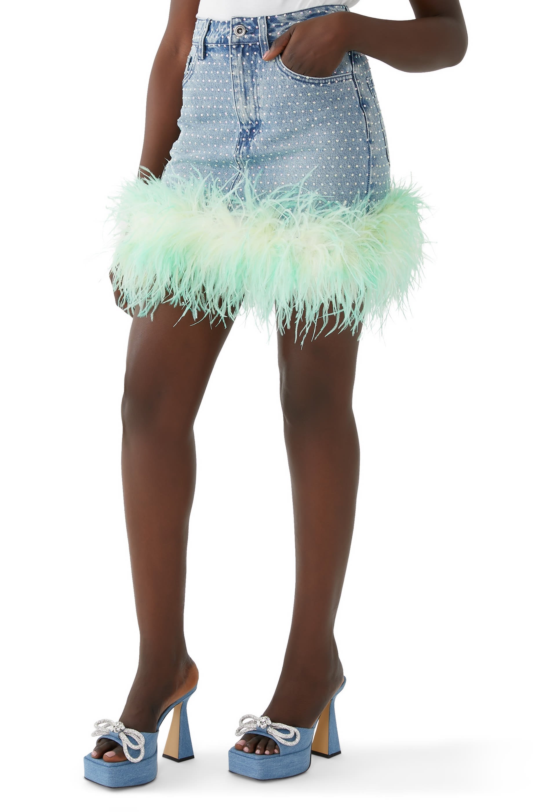 Blue Rhinestone Feather Denim Skirt