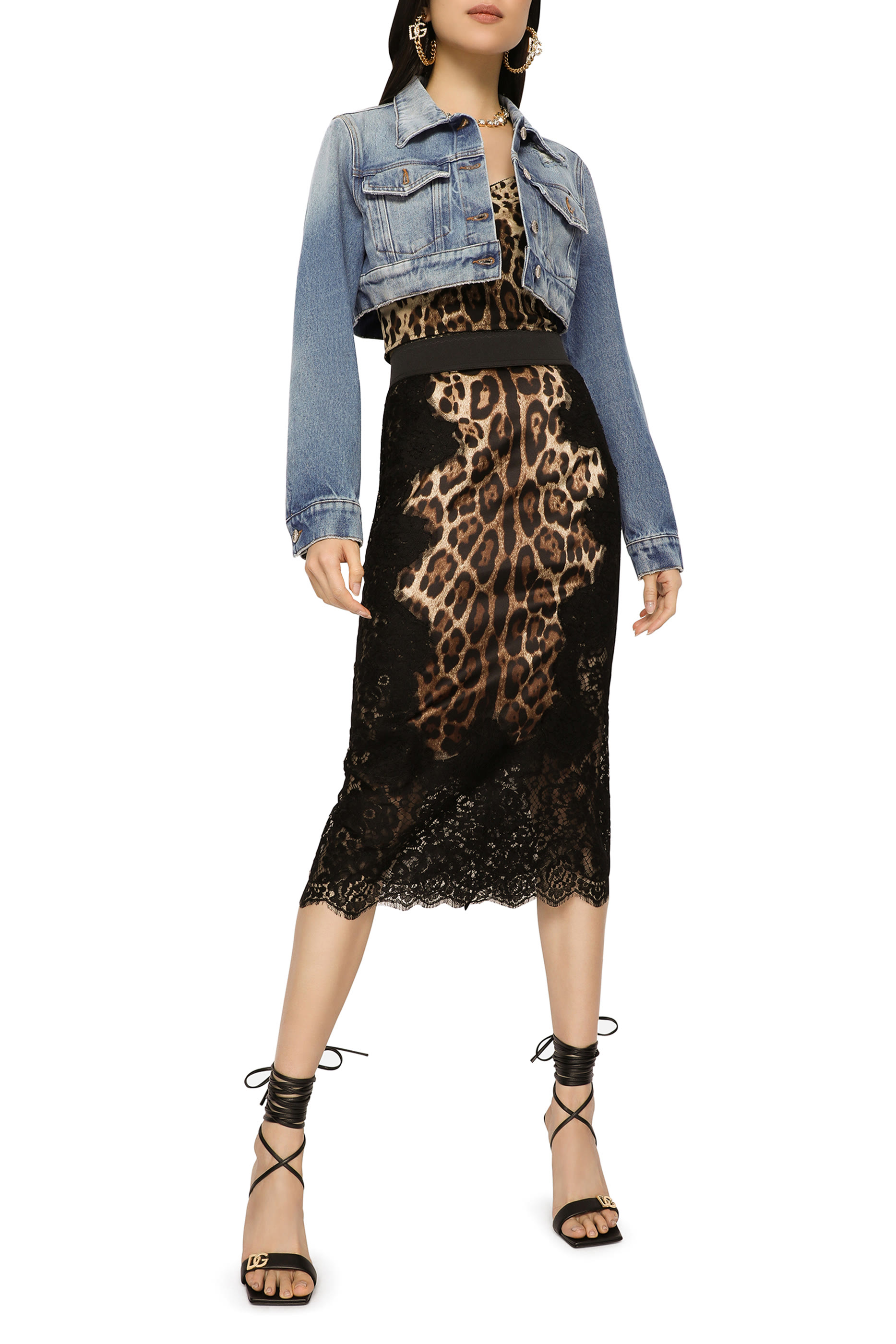 Leopard-Print Satin Midi Skirt with Lace Inserts