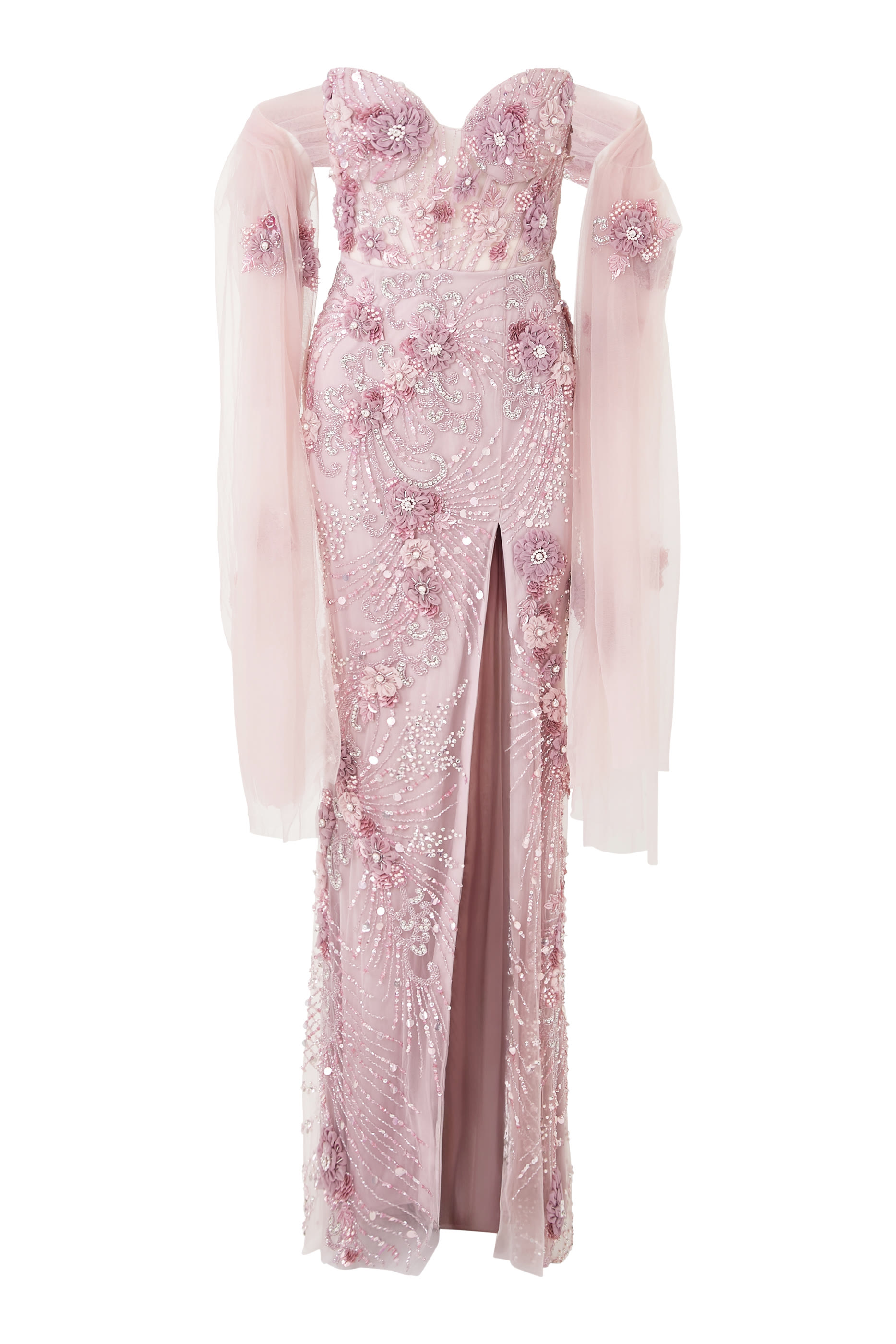 Strapless Beaded Gown with Slit