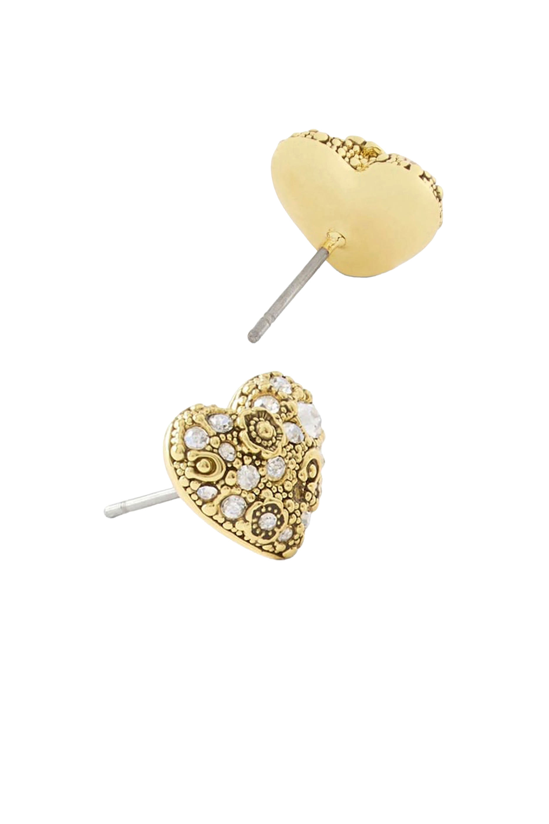 Pav&eacute; Heart Stud Earrings, Plated Brass