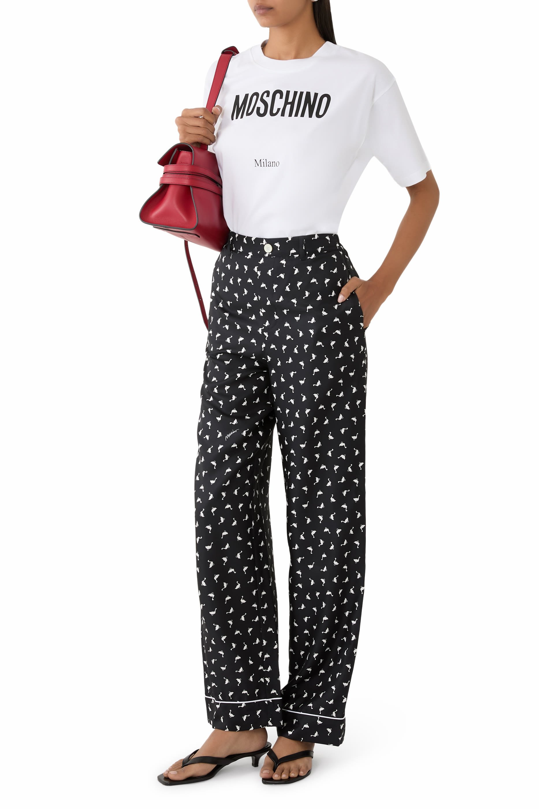 All-Over Mini Goose Printed Silk Trousers