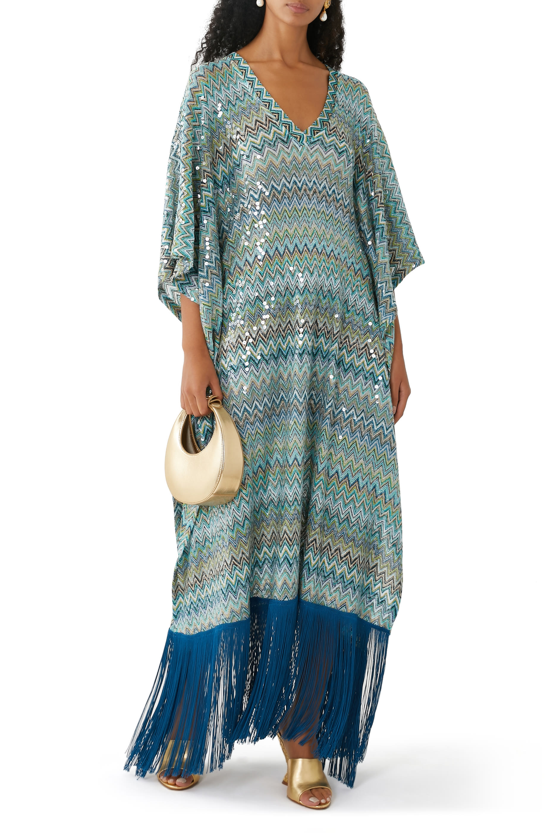 Exclusive Mare Chevron Raschel Sequinned Fringed Maxi Kaftan
