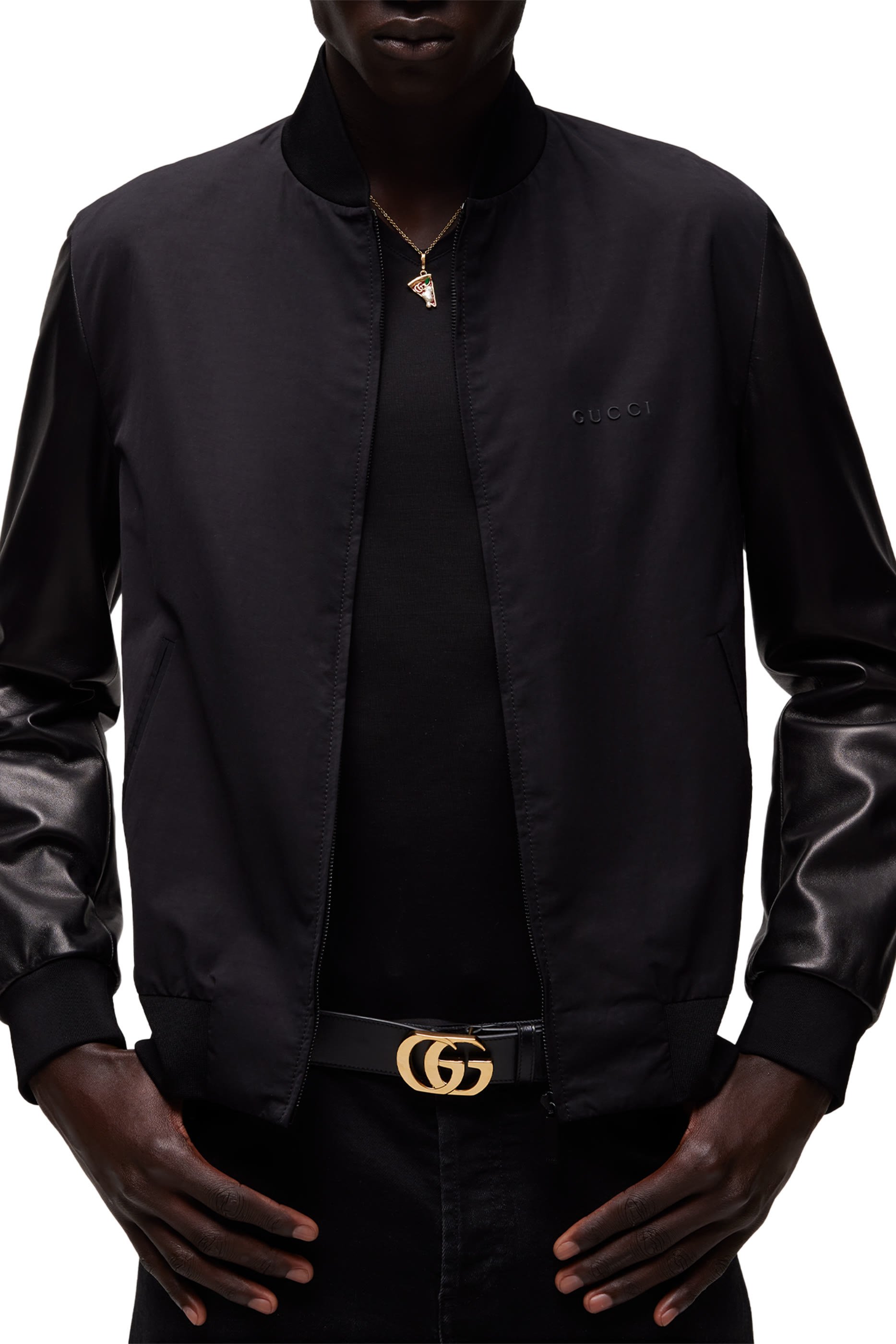Fabric Bomber Jacket with Nappa Sleeves