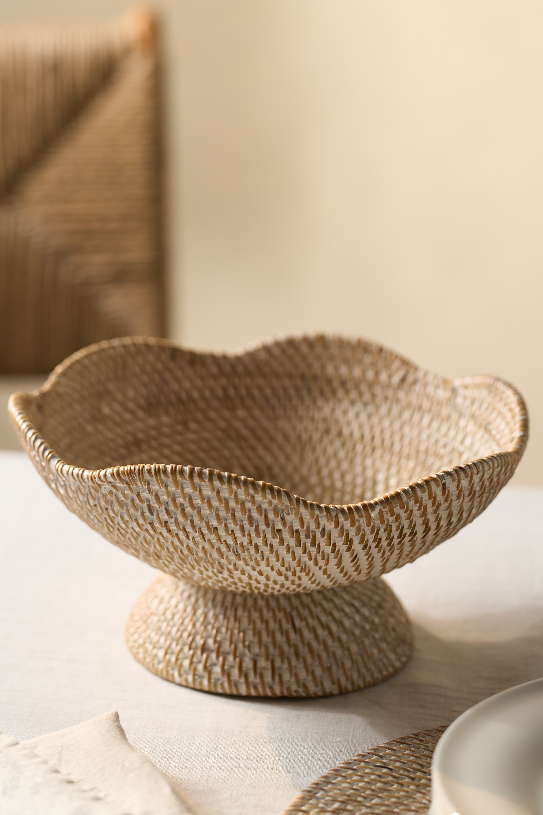 Whitewashed Rattan Scalloped Bowl 