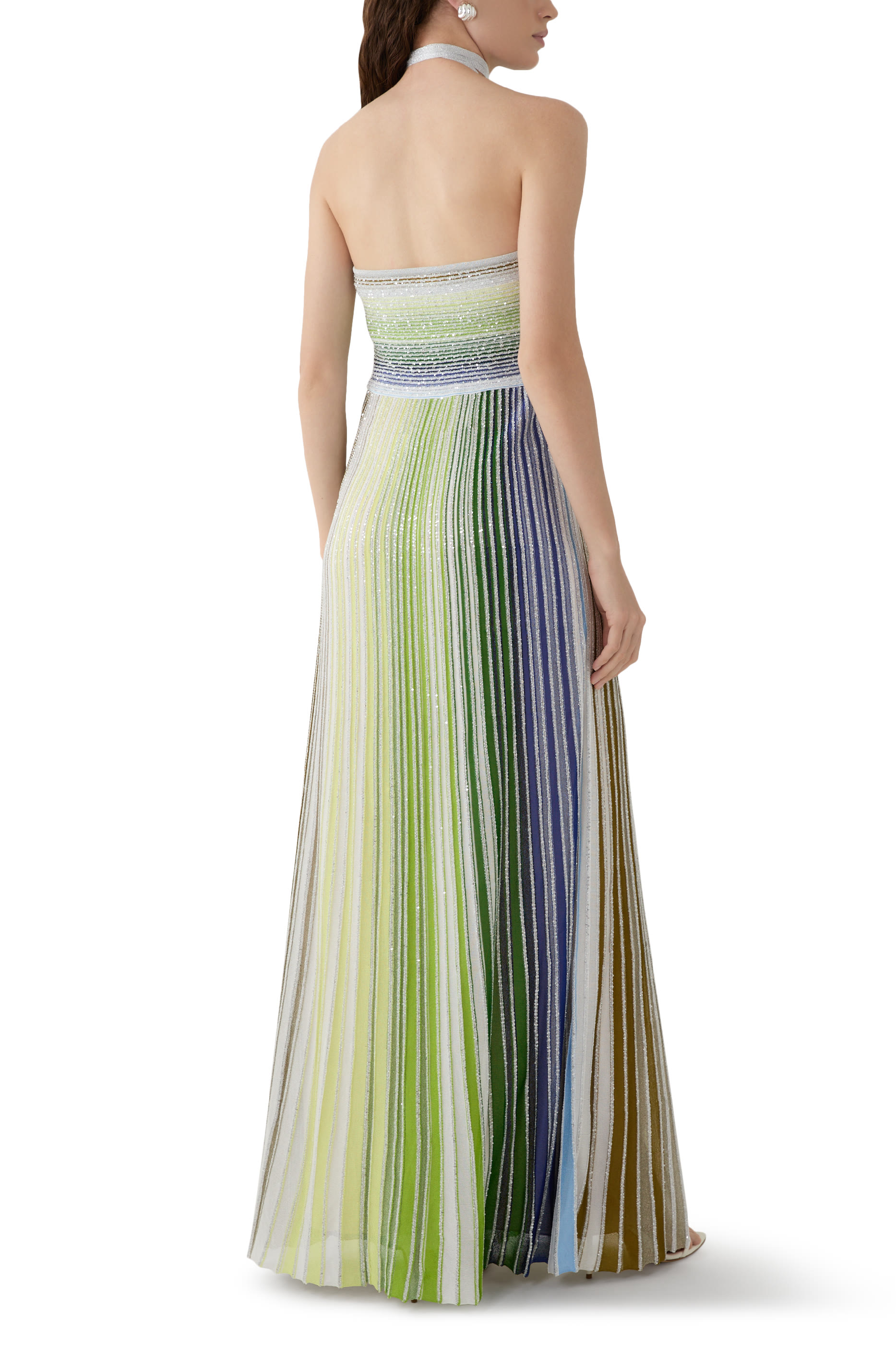 Long Striped Dress with Sequins and Neck Fastening