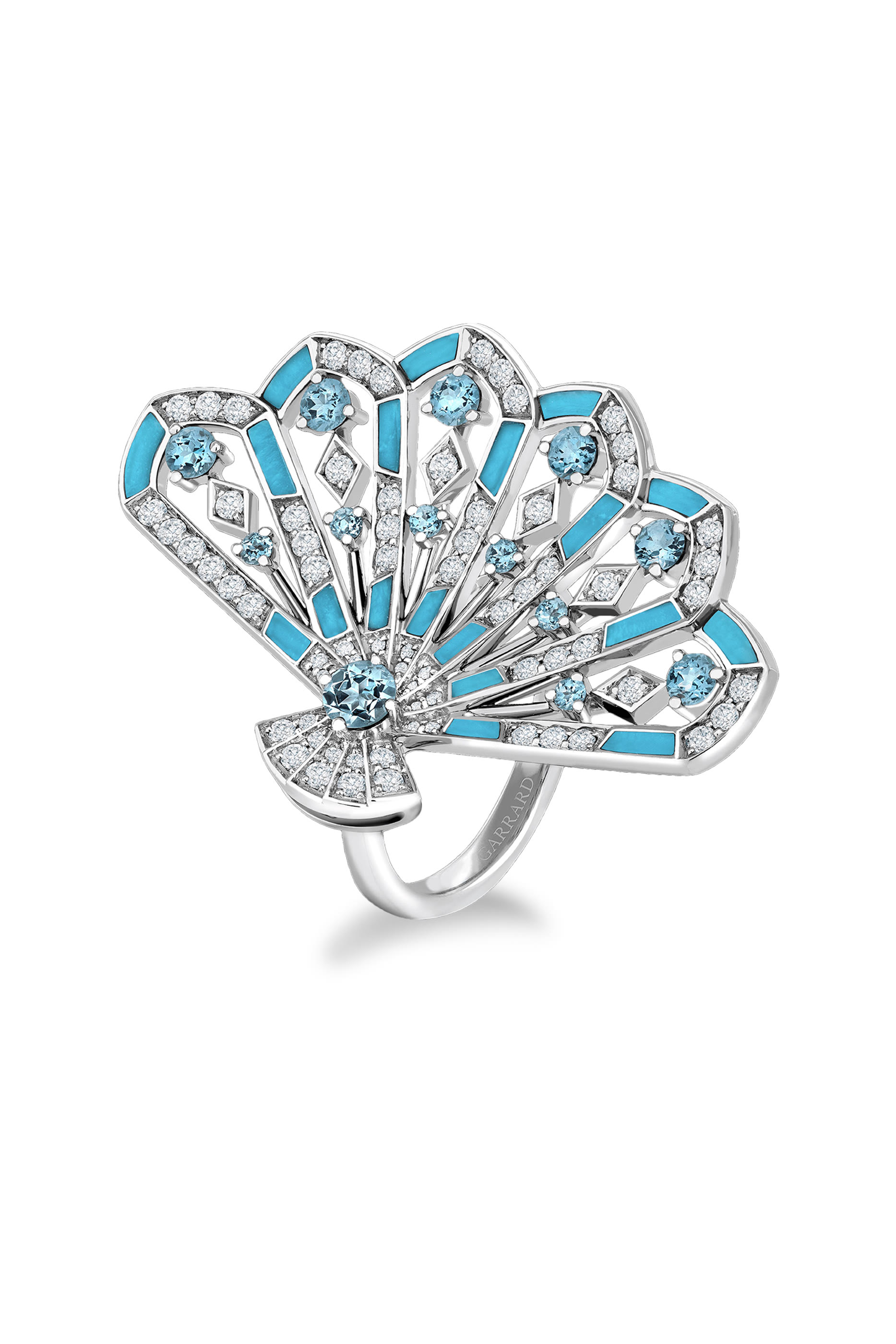 Fanfare Symphony Ring, 18k White Gold with Diamonds, Aquamarines and Turquoise