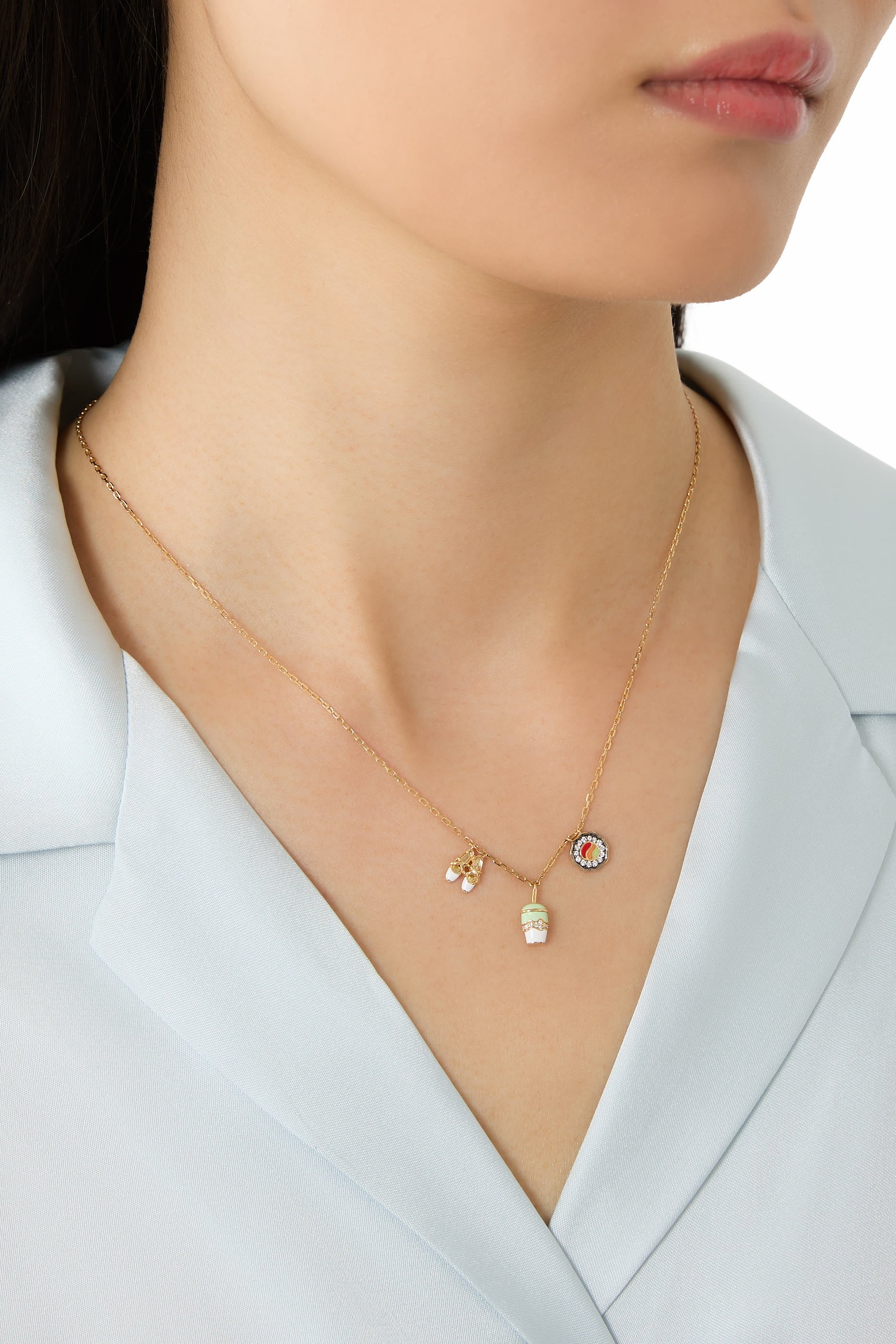 Mini Matcha, Pilates, Sushi Chain Necklace, 18k Yellow Gold & Diamonds