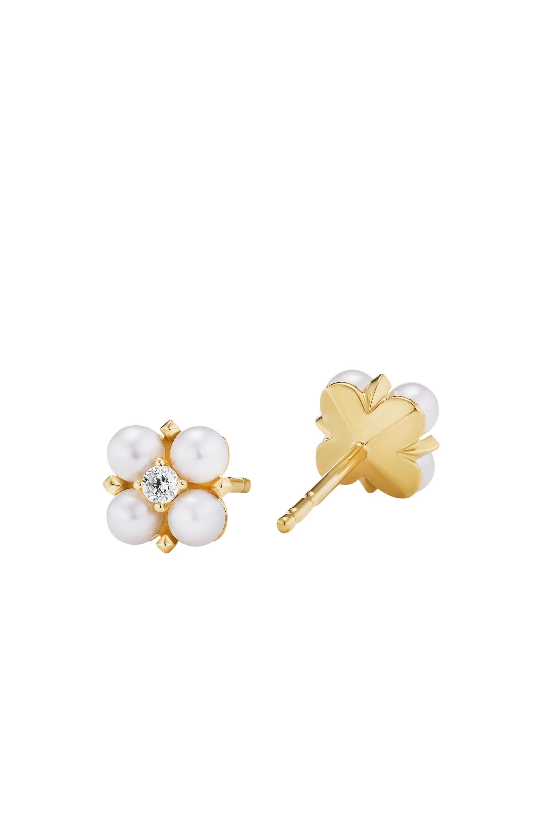 Petite Modern Renaissance Stud Earrings,18K Yellow Gold with Pearls and Diamonds