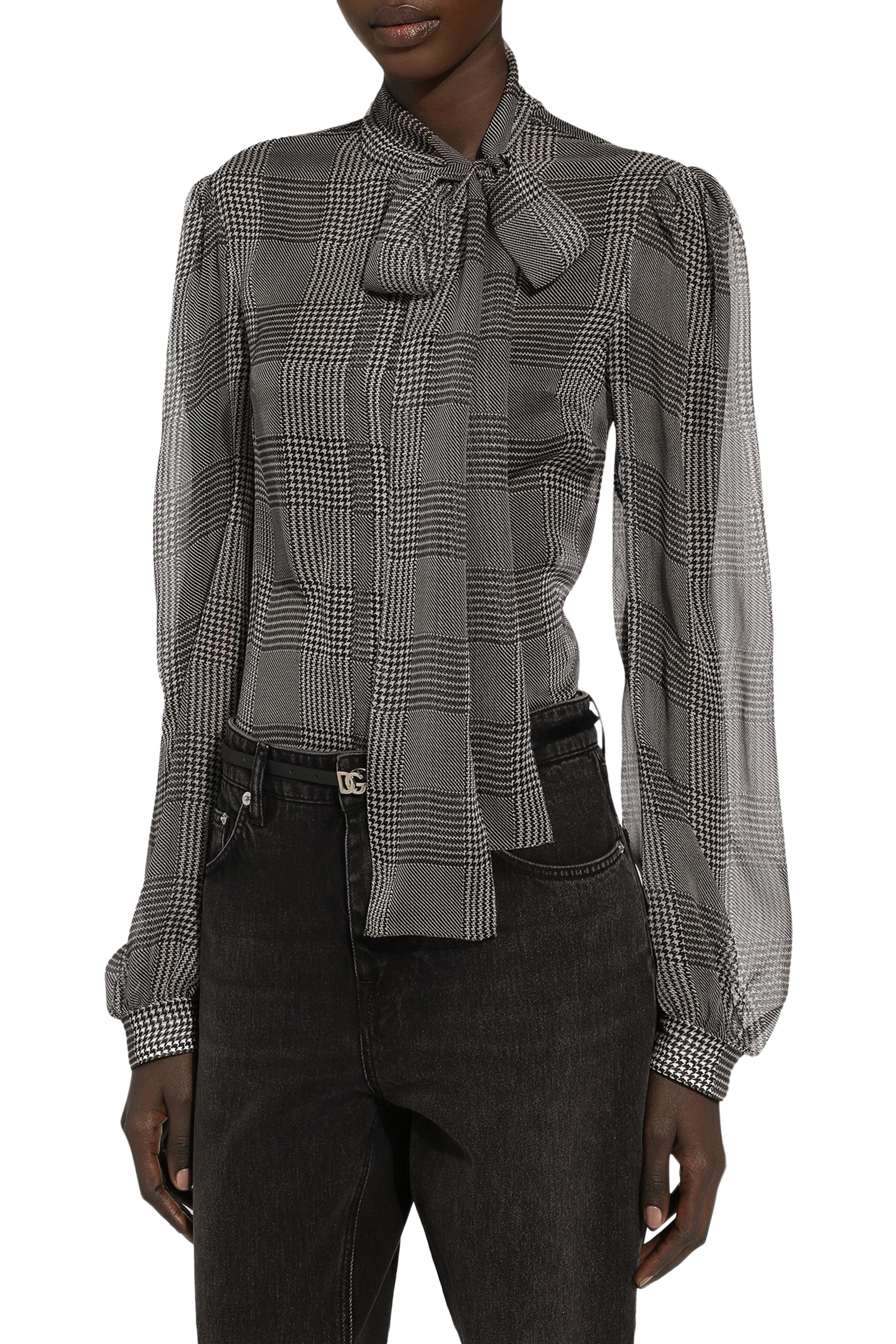 Silk Chiffon Shirt with Glen Plaid Print