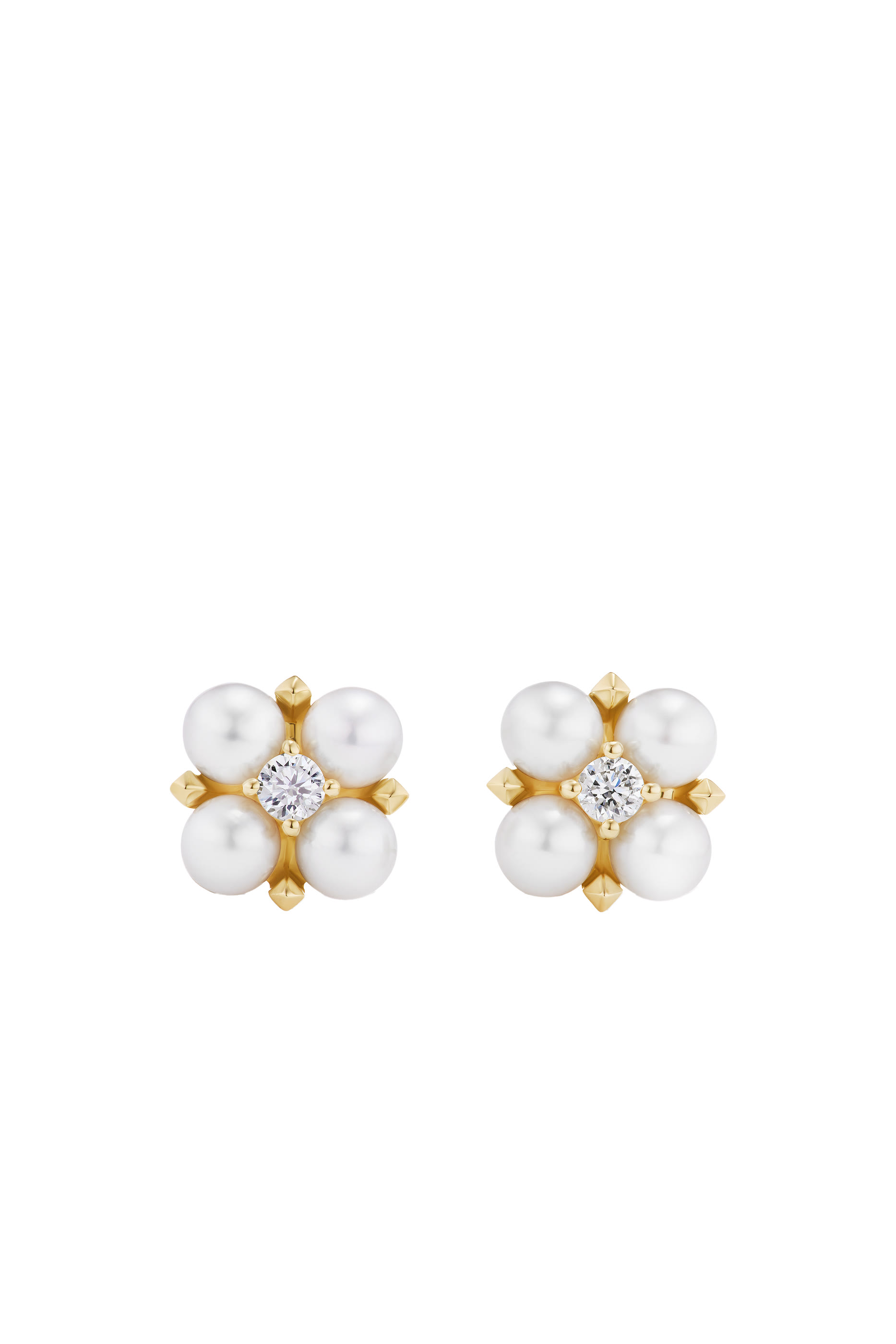 Petite Modern Renaissance Stud Earrings,18K Yellow Gold with Pearls and Diamonds