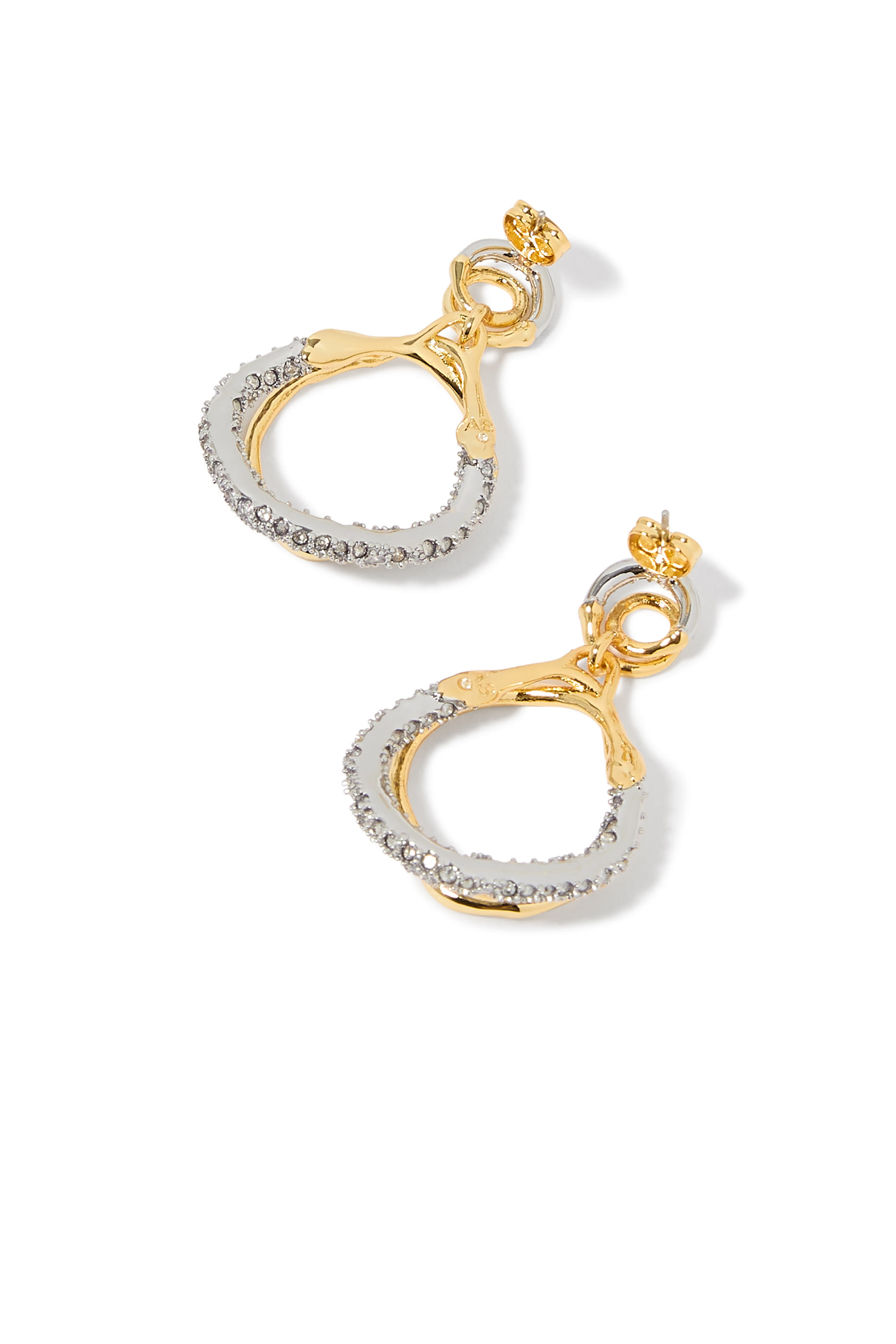 Solanales Crystal Orbit Drop Post Earrings, 14k Gold Plated Brass with Rhodium Tone Plated Brass & Crystal