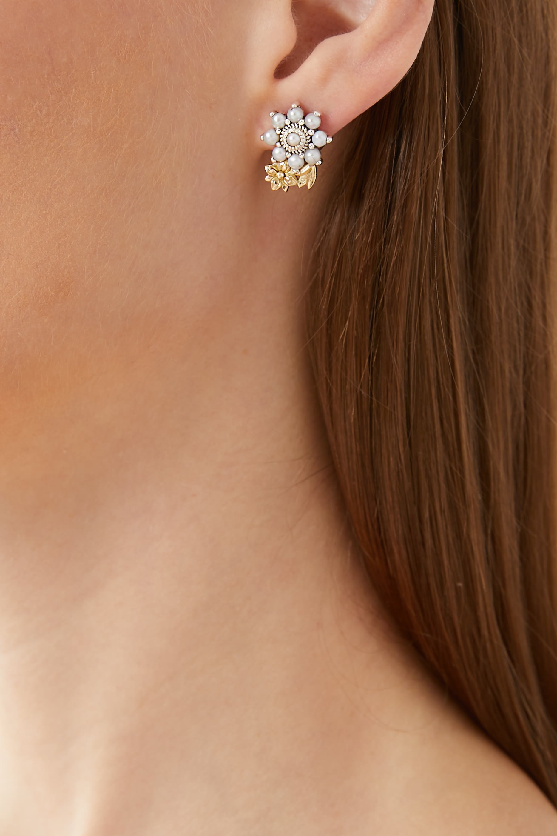 Mismatched Floral Earrings, Sterling Silver, 18K Yellow Gold & Pearl