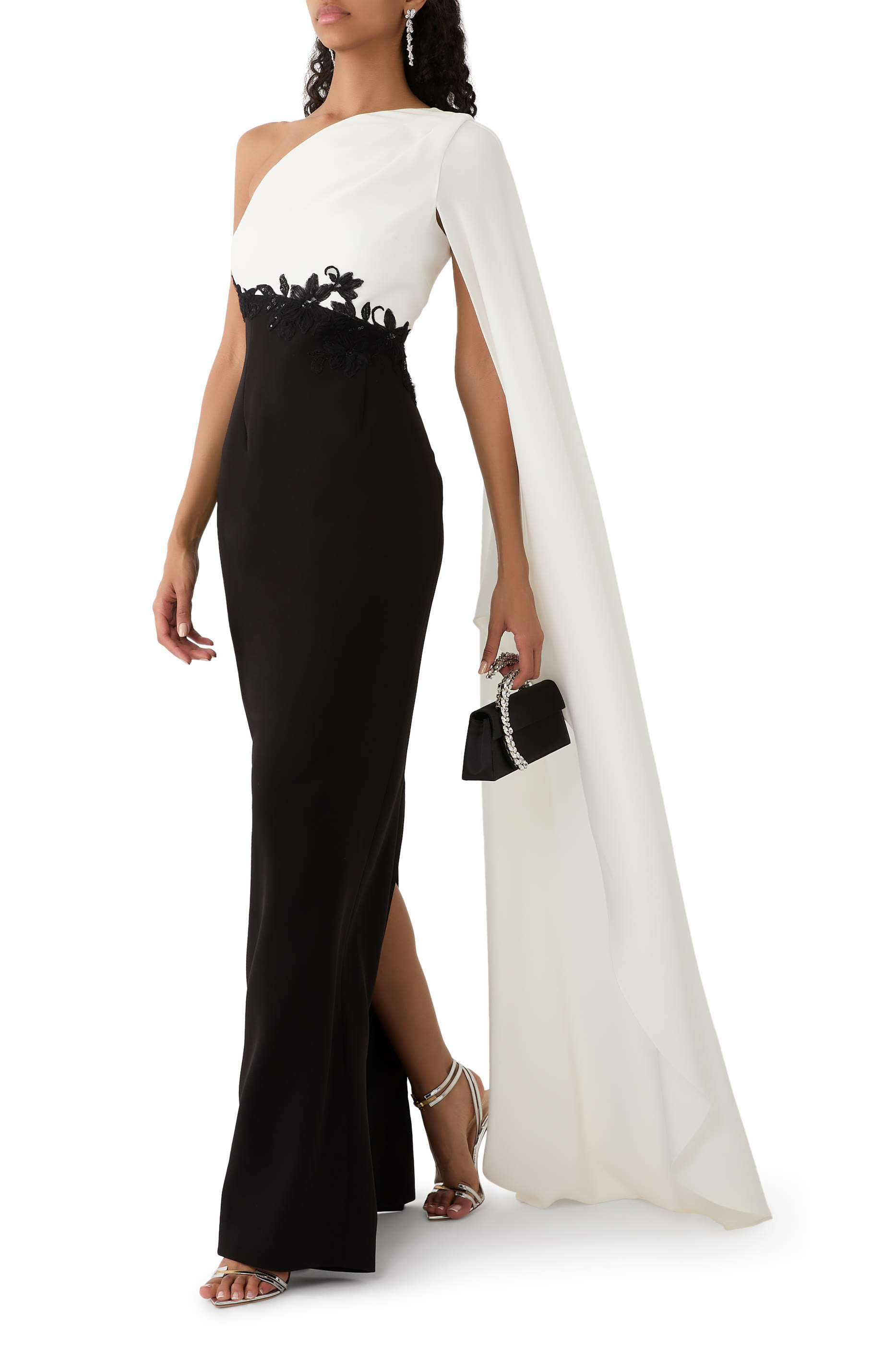 Crepe One-Shoulder Drape Sleeve Gown