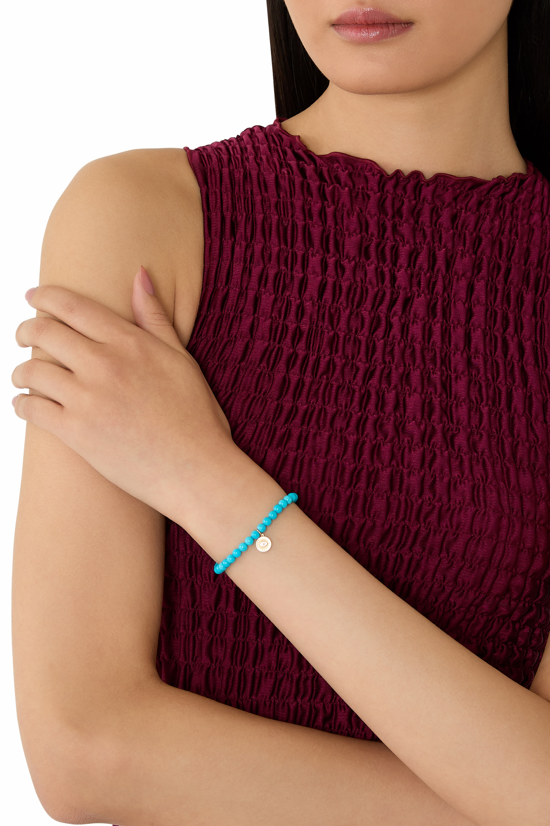 Marquise Eye Coin Charm Bead Bracelet, 14k Yellow Gold & Turquoise, Diamond