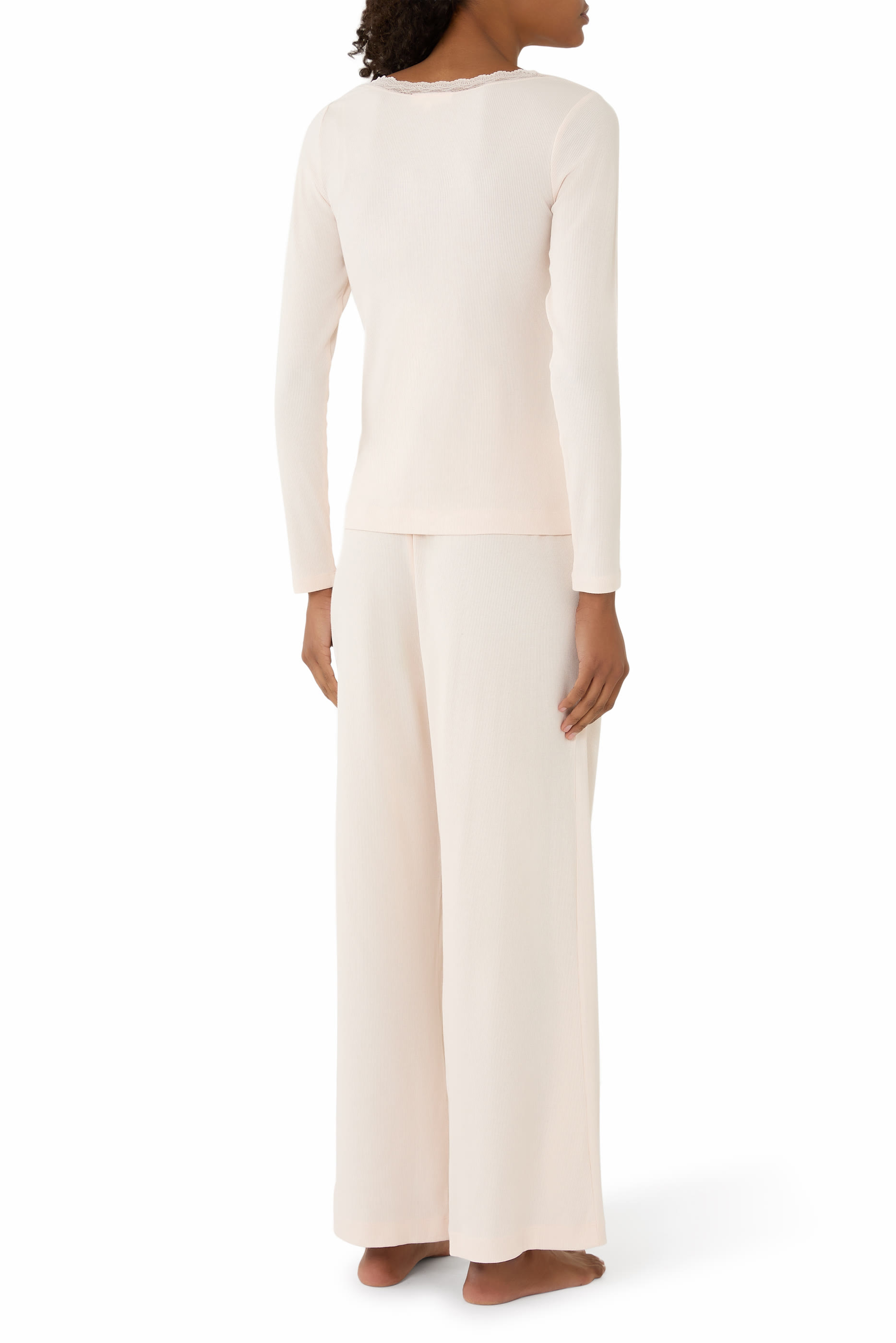 Jersey Lace Trim Long Sleeve Ribbed Pyjama Set 