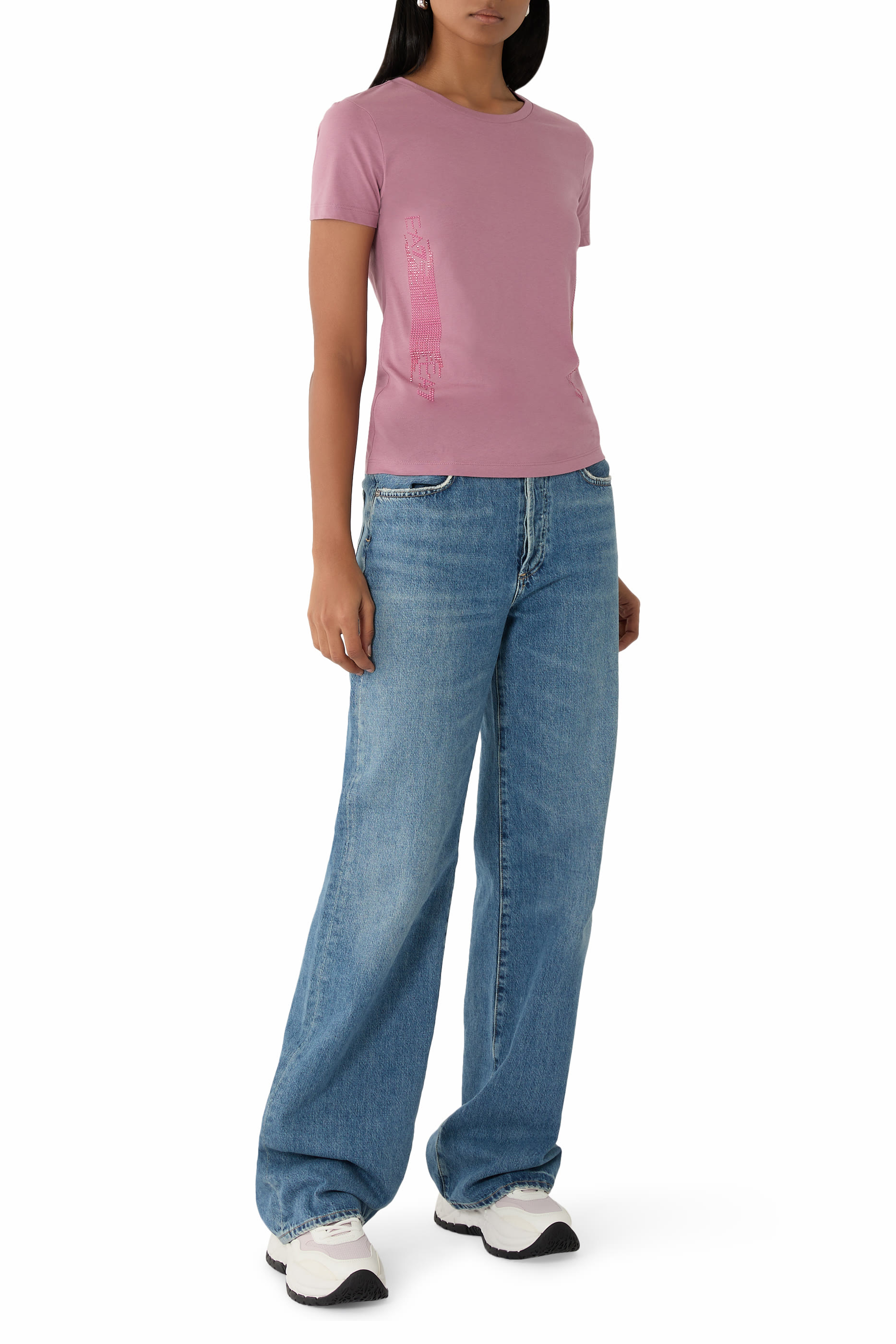 Rhinestone Embellished Logo Cotton T-Shirt