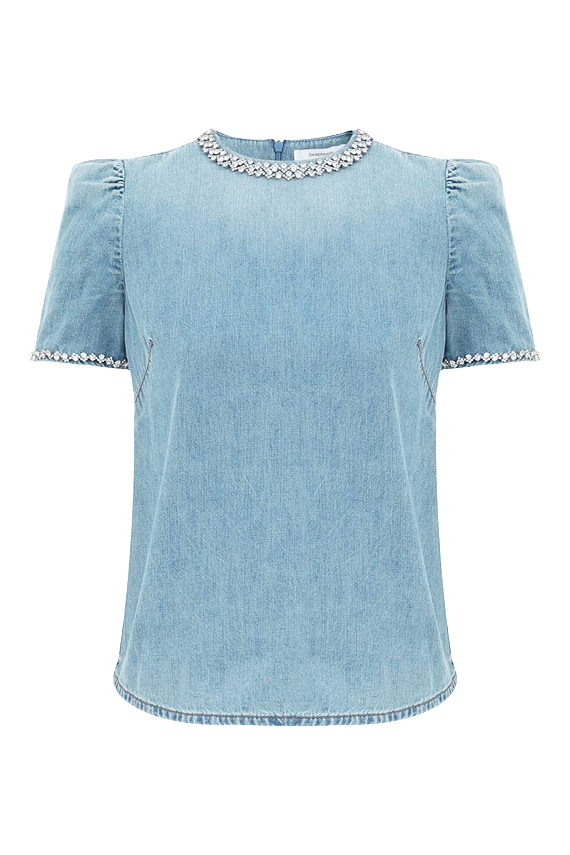 Crush Crystal-Embellished Gathered Denim Top