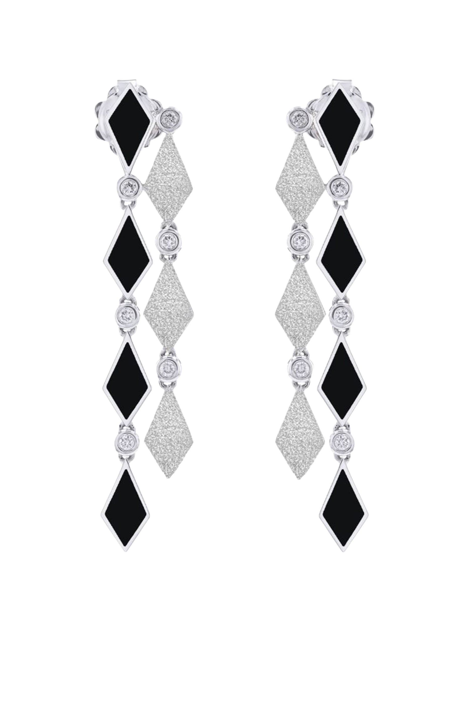 Mosaic Long Earrings, White Gold with Enamel & Diamonds