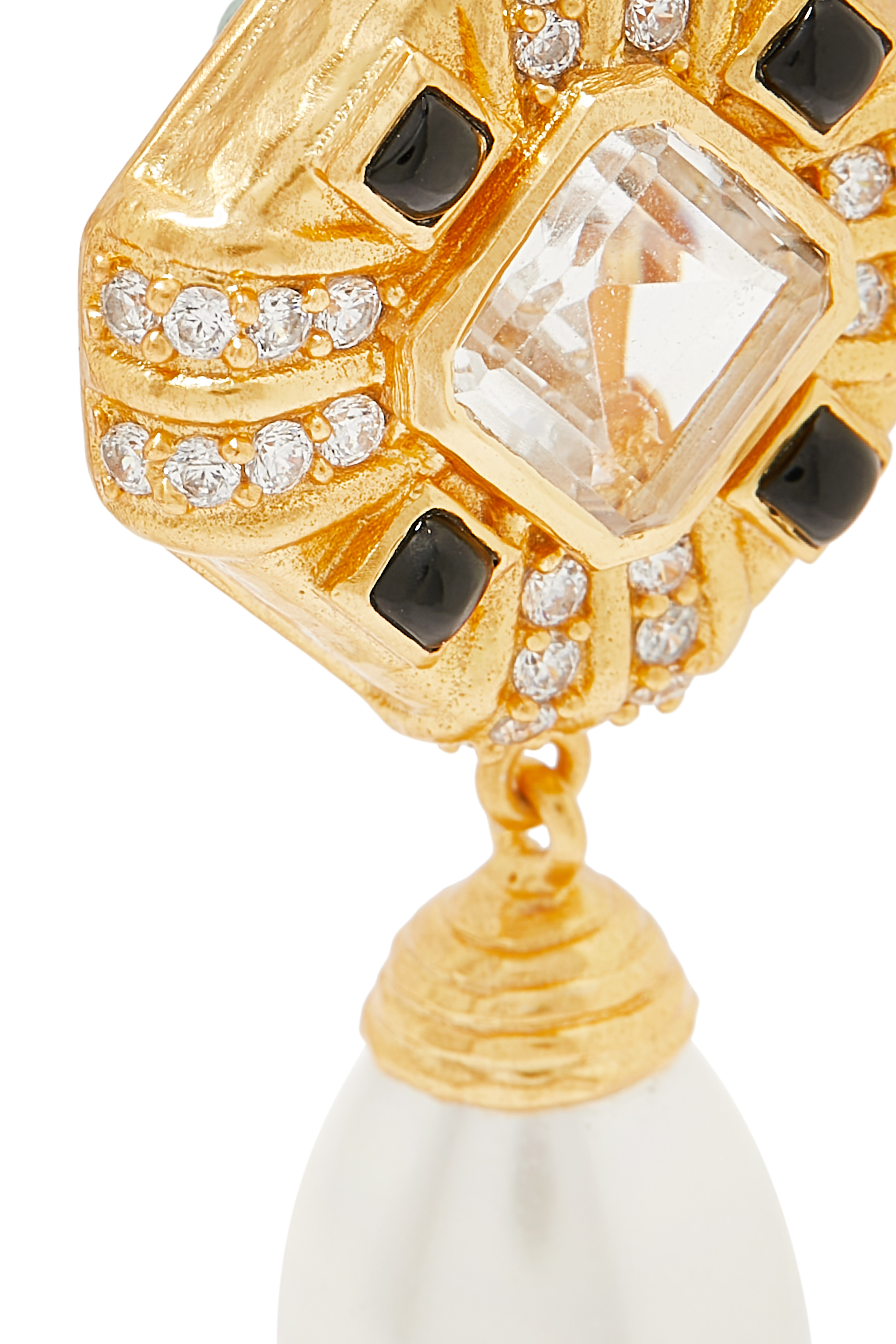 Natalie Pacifique Earrings, 24k Gold Plated Brass & Quartz Crystal & Onyx Stones & Pearl Drop