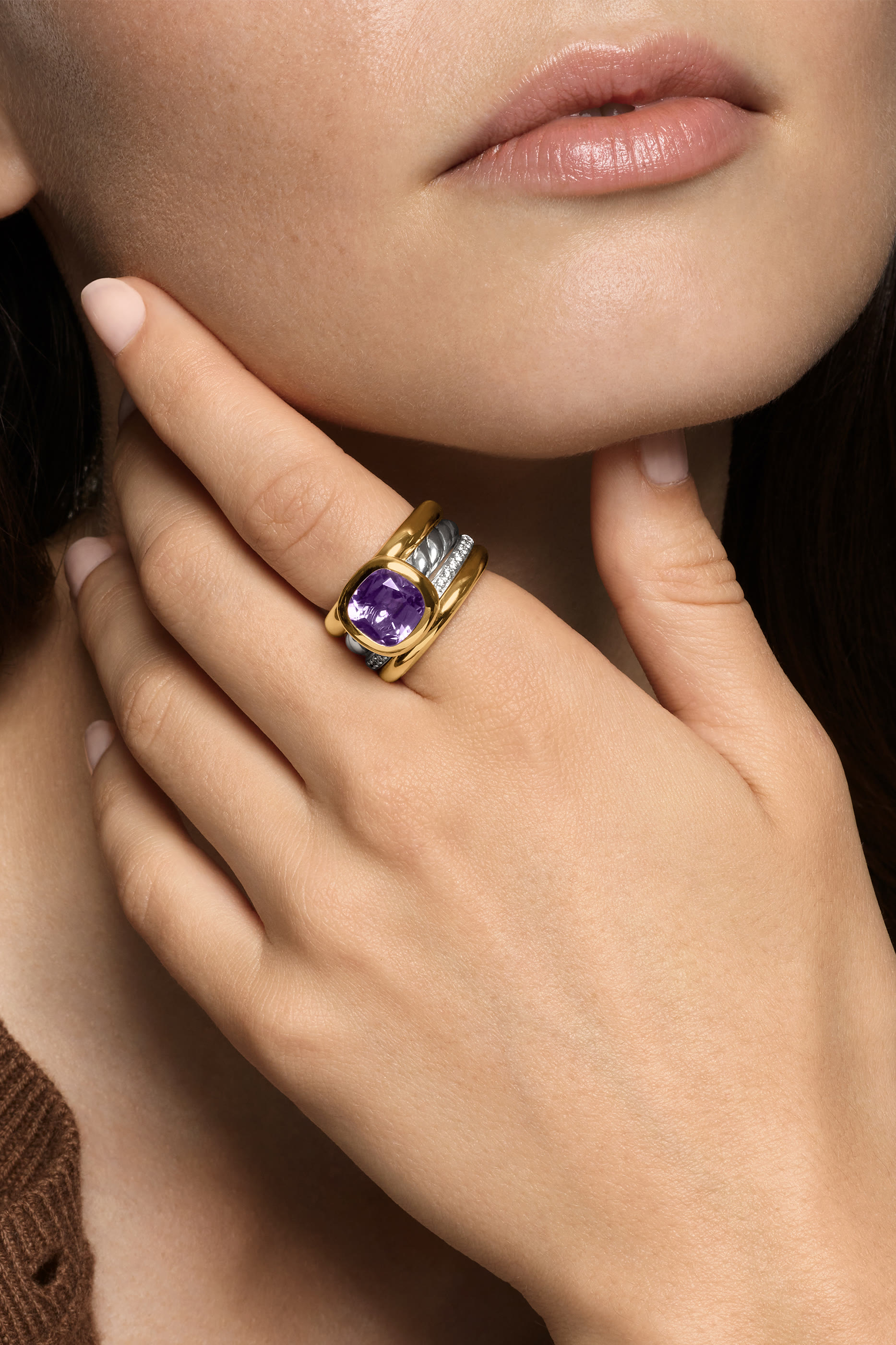  DY Mercer&reg; Four Row Stone Ring, Sterling Silver with 18K Yellow Gold, Diamonds & Amethyst