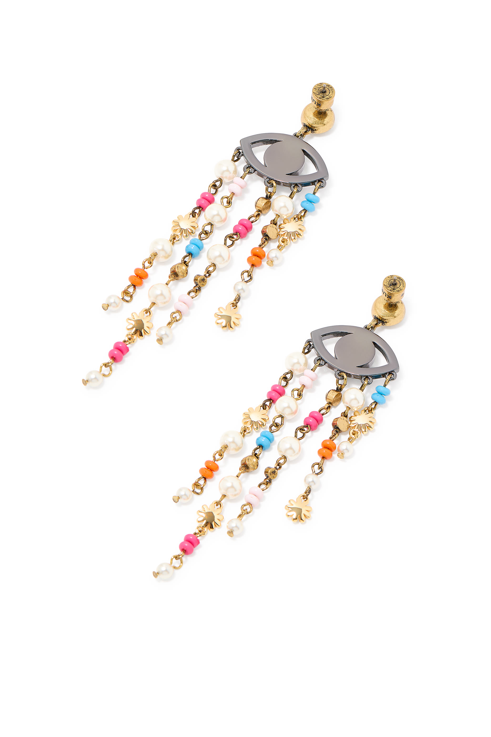 Beaded Eye Earrings, Brass & Faux Pearls, Crystals, Floral Motifs