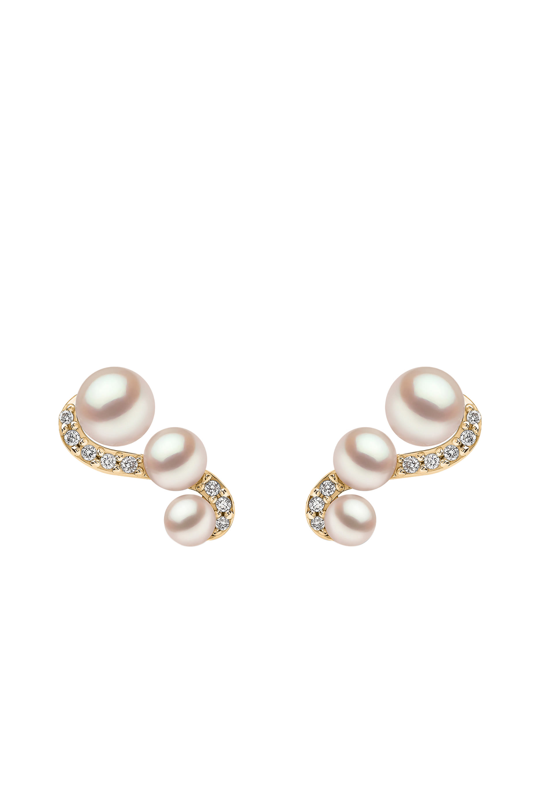 Sleek S-Shape Earrings, 18k Yellow Gold with Akoya Pearls & Diamonds