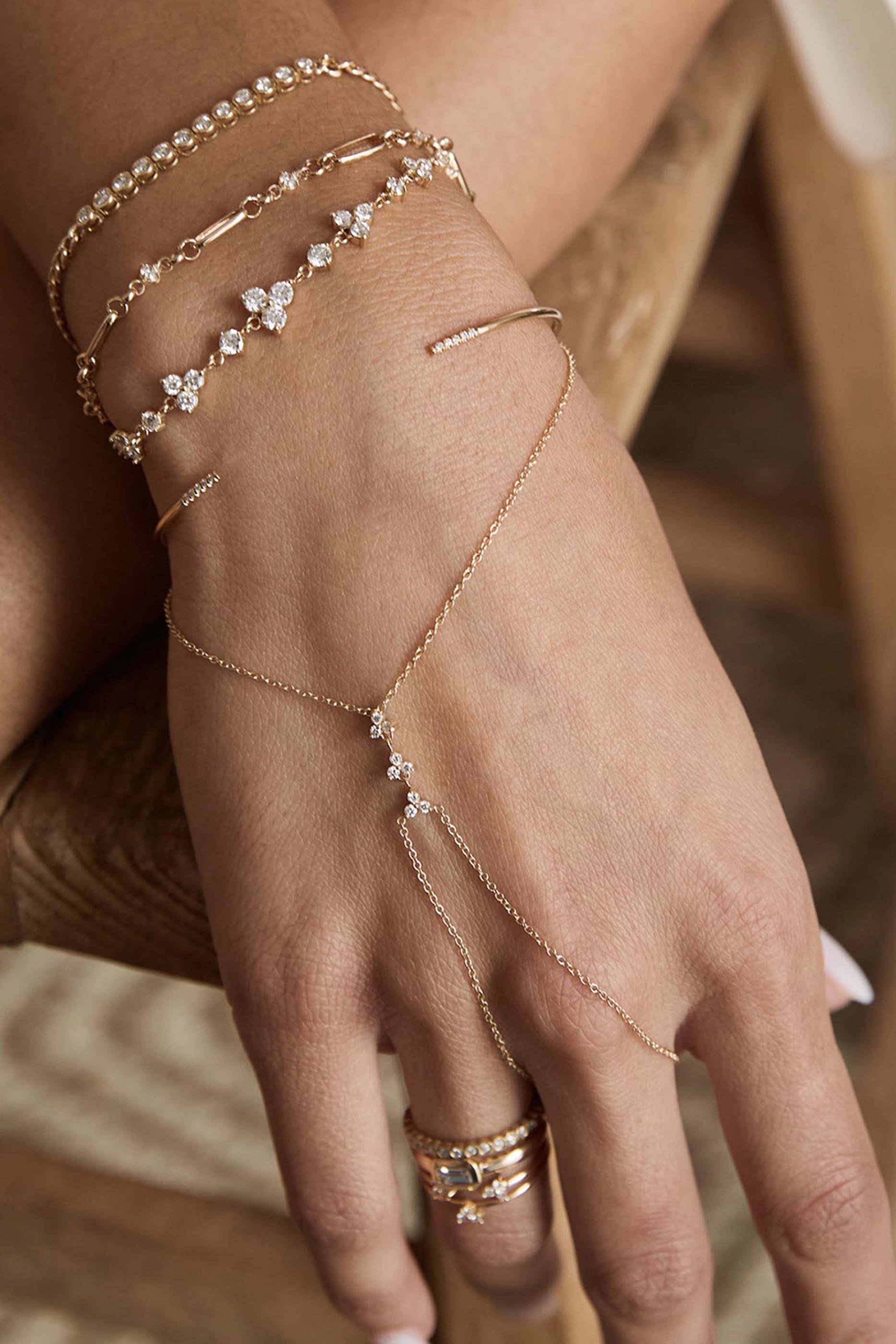  3 Small Prong Diamond Trio Hand Chain, 14k Yellow Gold