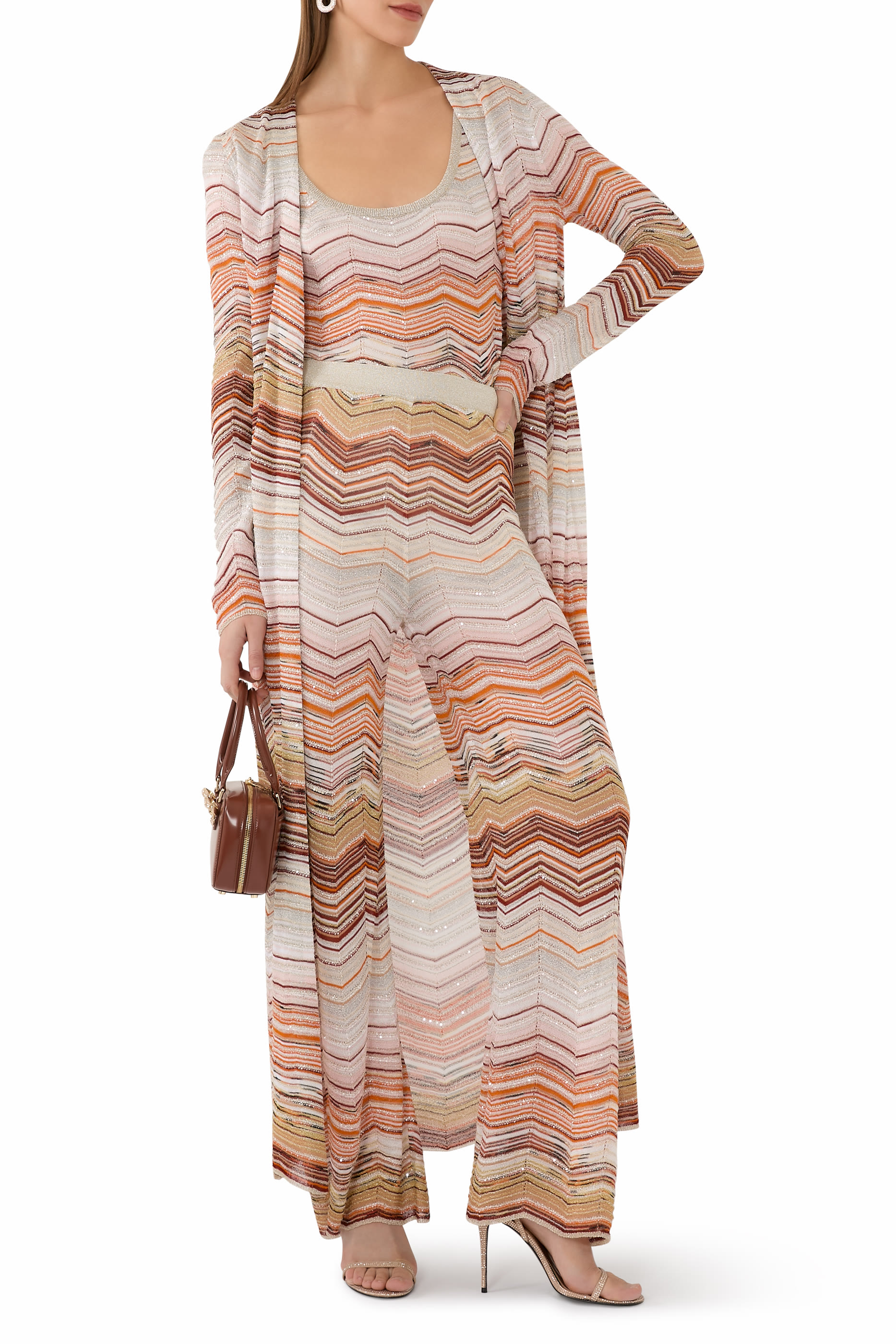 Long Chevron Lam&eacute; Cardigan with Sequins and Decorative Lace