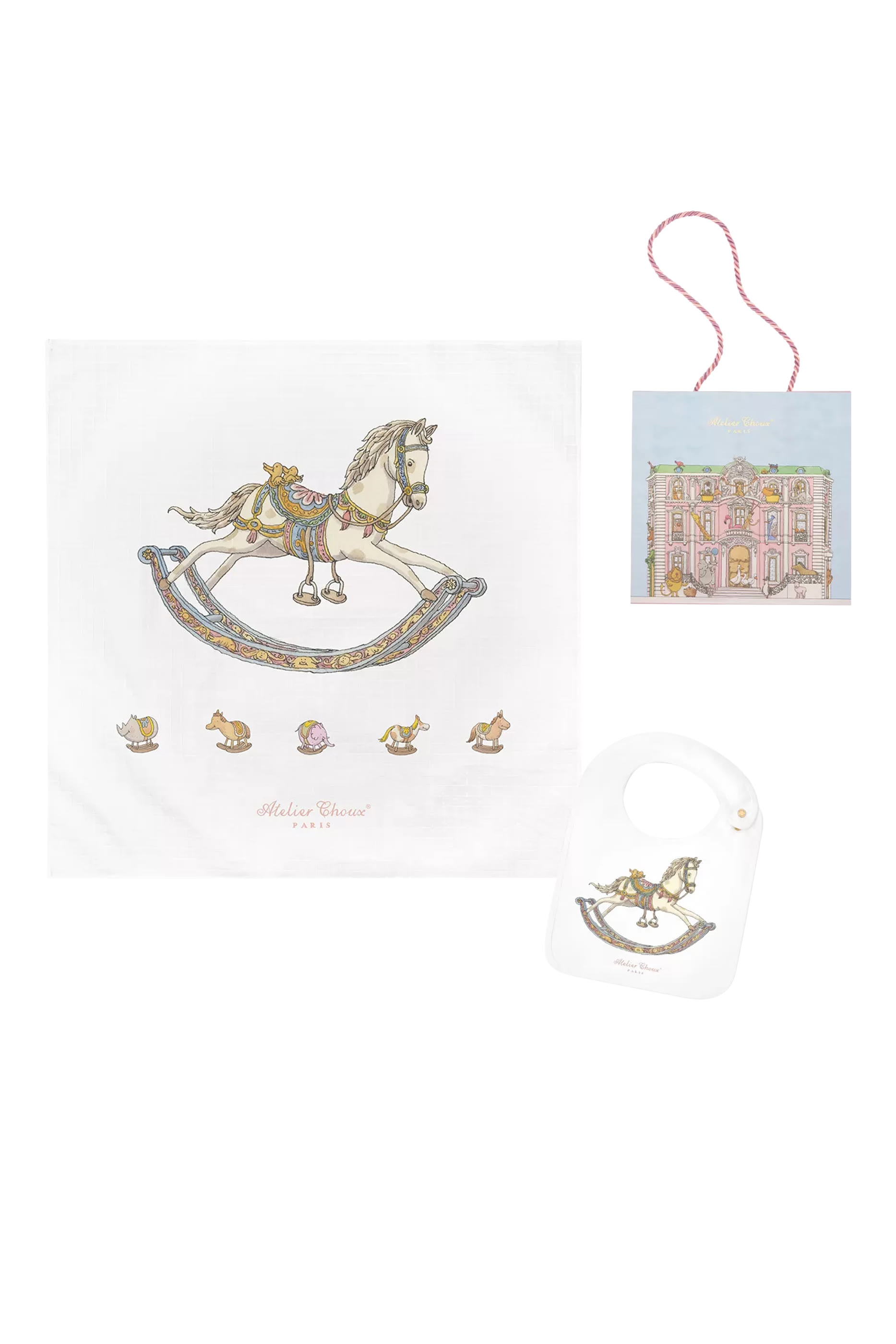 Kids Rocking Horse Carr&eacute; & Satin Bib Set 
