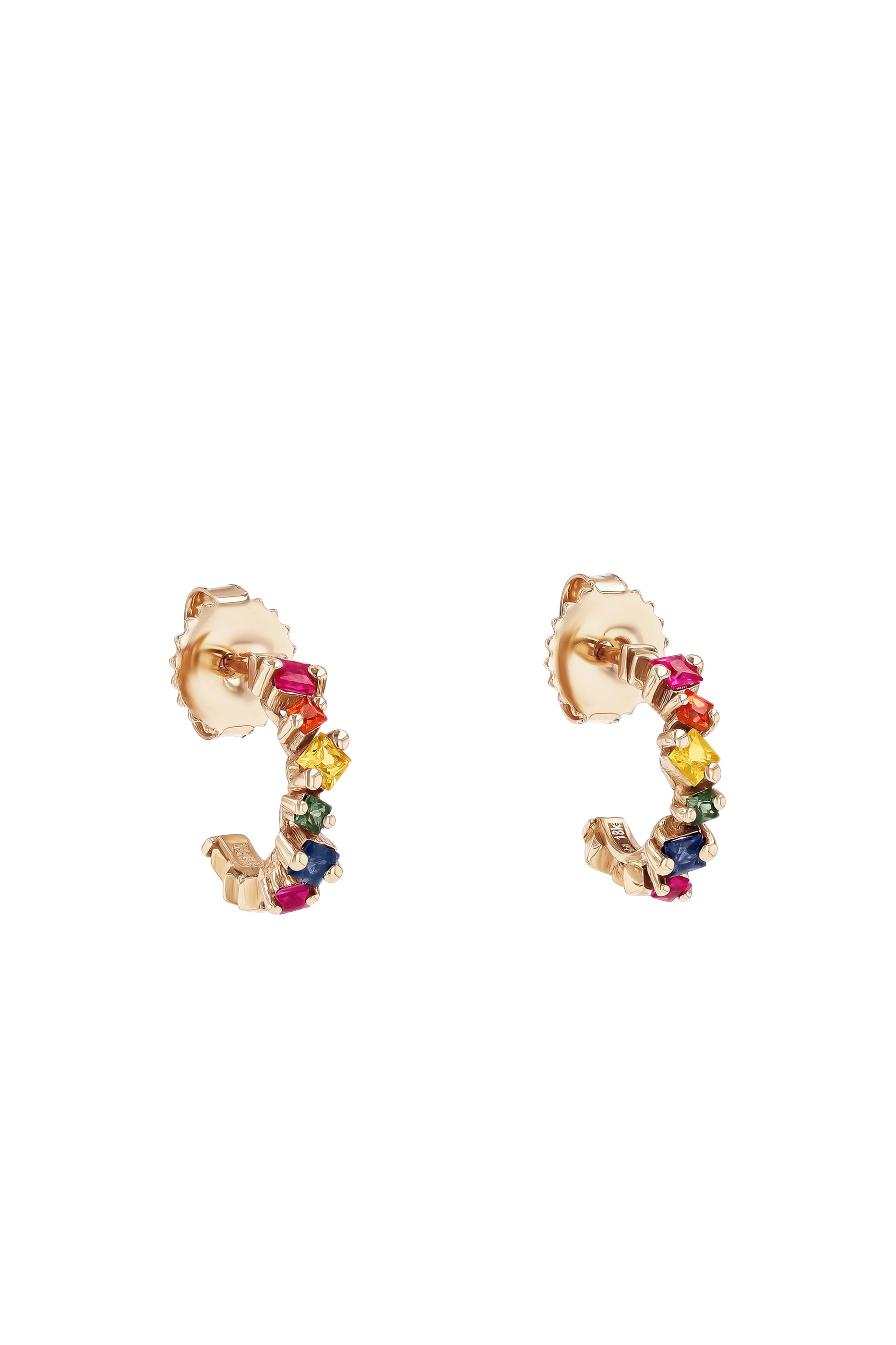 Rainbow Mini Hoops Earrings, 18k Rose Gold & Sapphire