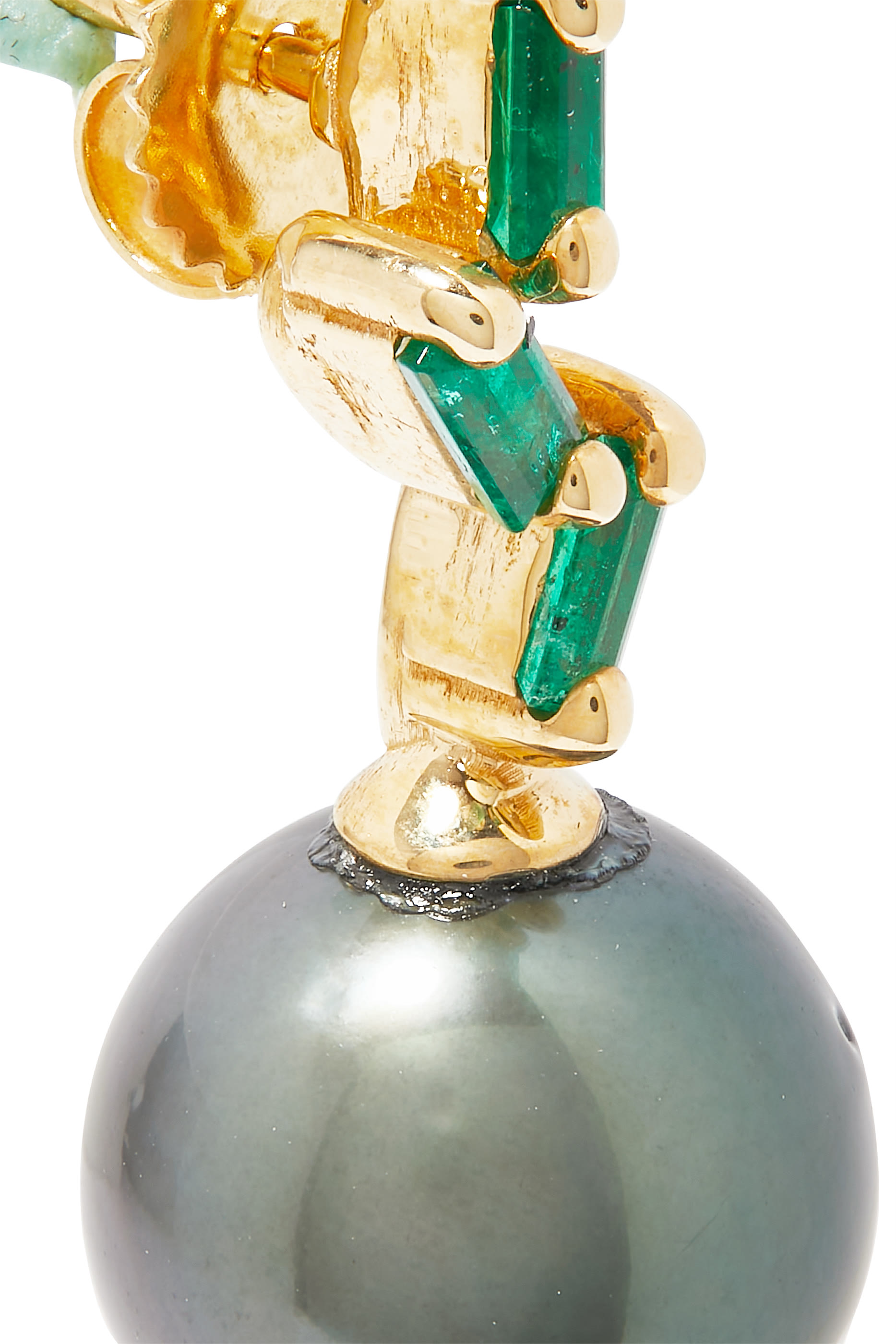 One of a Kind Earrings, 18k Yellow Gold with Emerald &  Tahitian Pearl