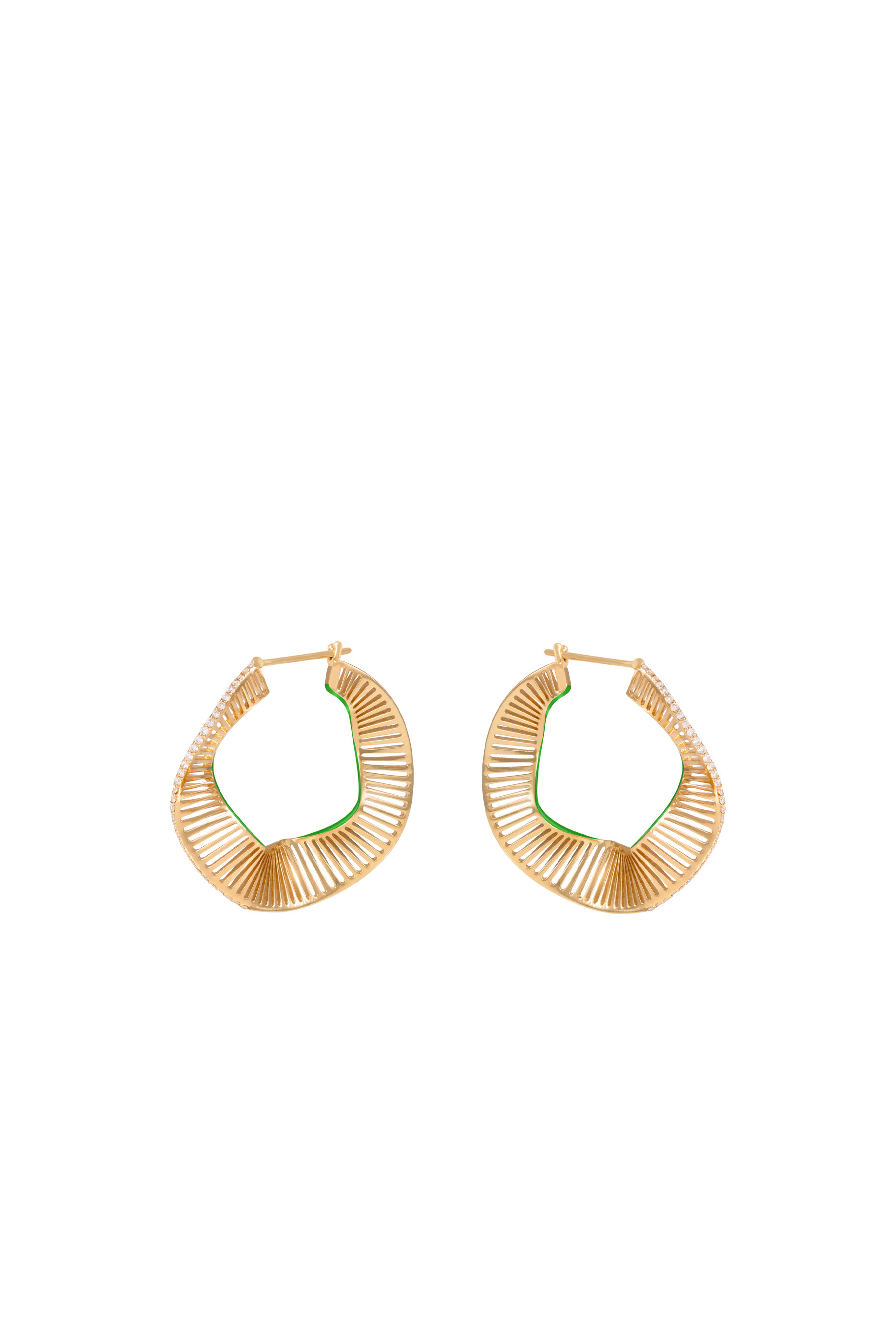 Wave Size 2 Hoop Earrings, 18k Yellow Gold, Green Enamel & Diamonds