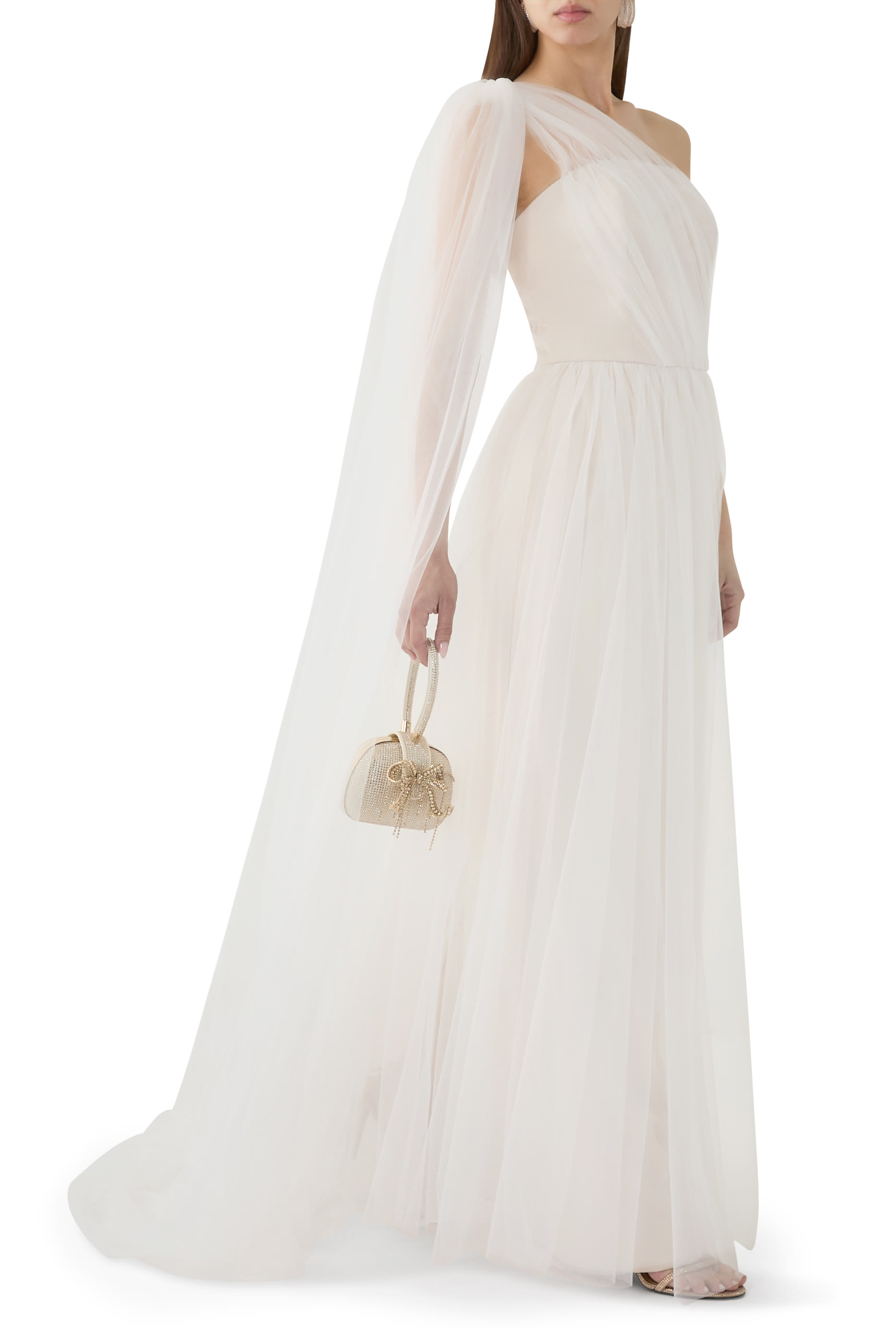 Asymmetrical Tulle Draped Gown with Side Train