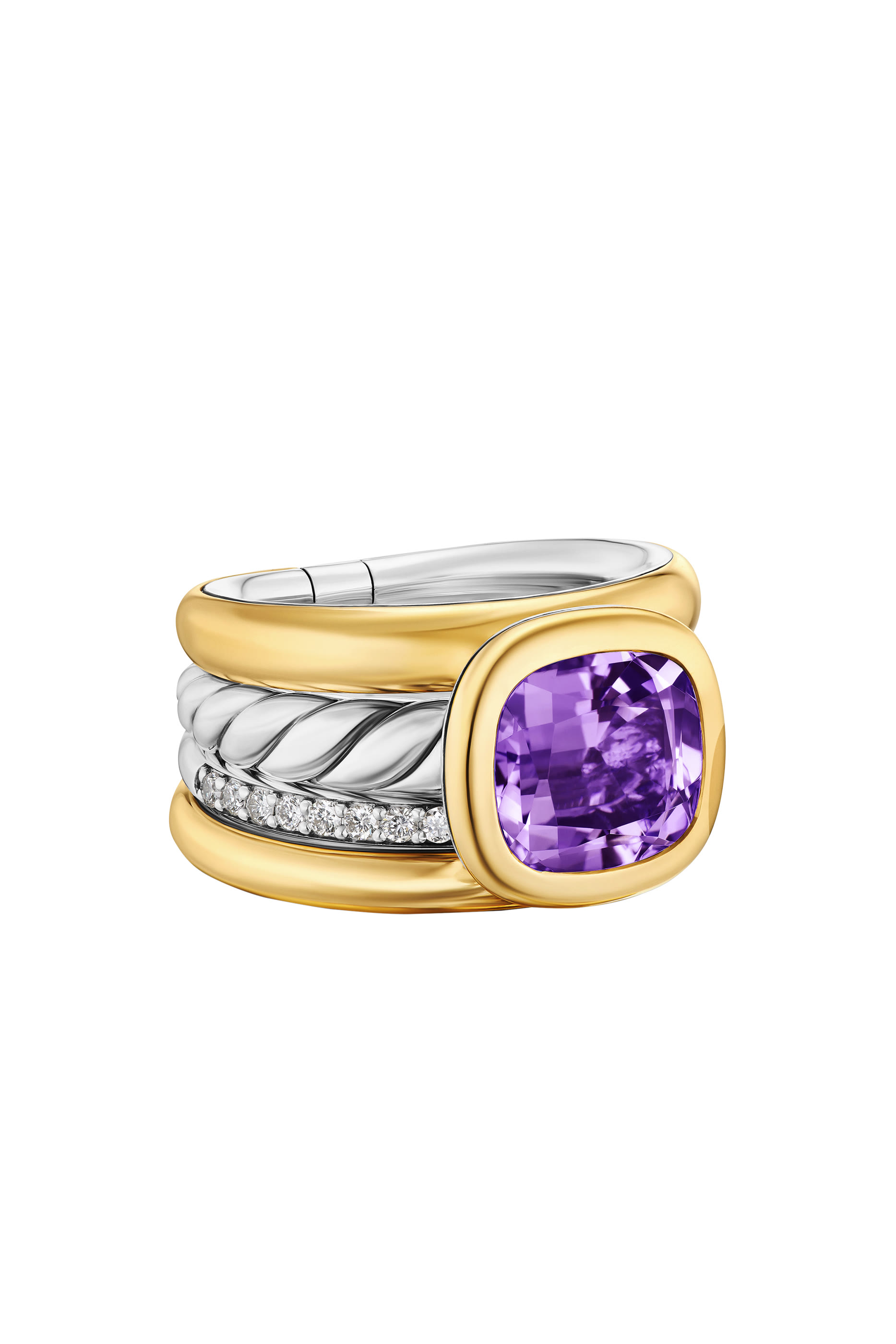  DY Mercer&reg; Four Row Stone Ring, Sterling Silver with 18K Yellow Gold, Diamonds & Amethyst
