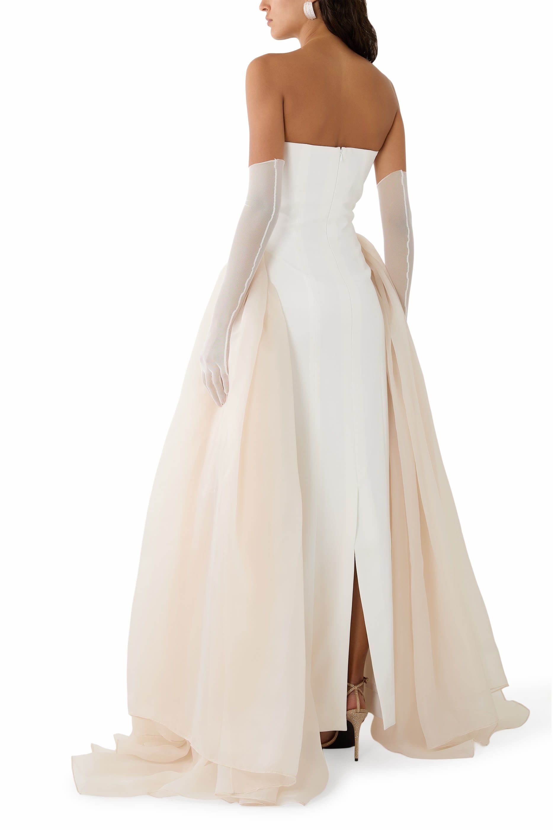 Organza Side Trains Strapless Gown