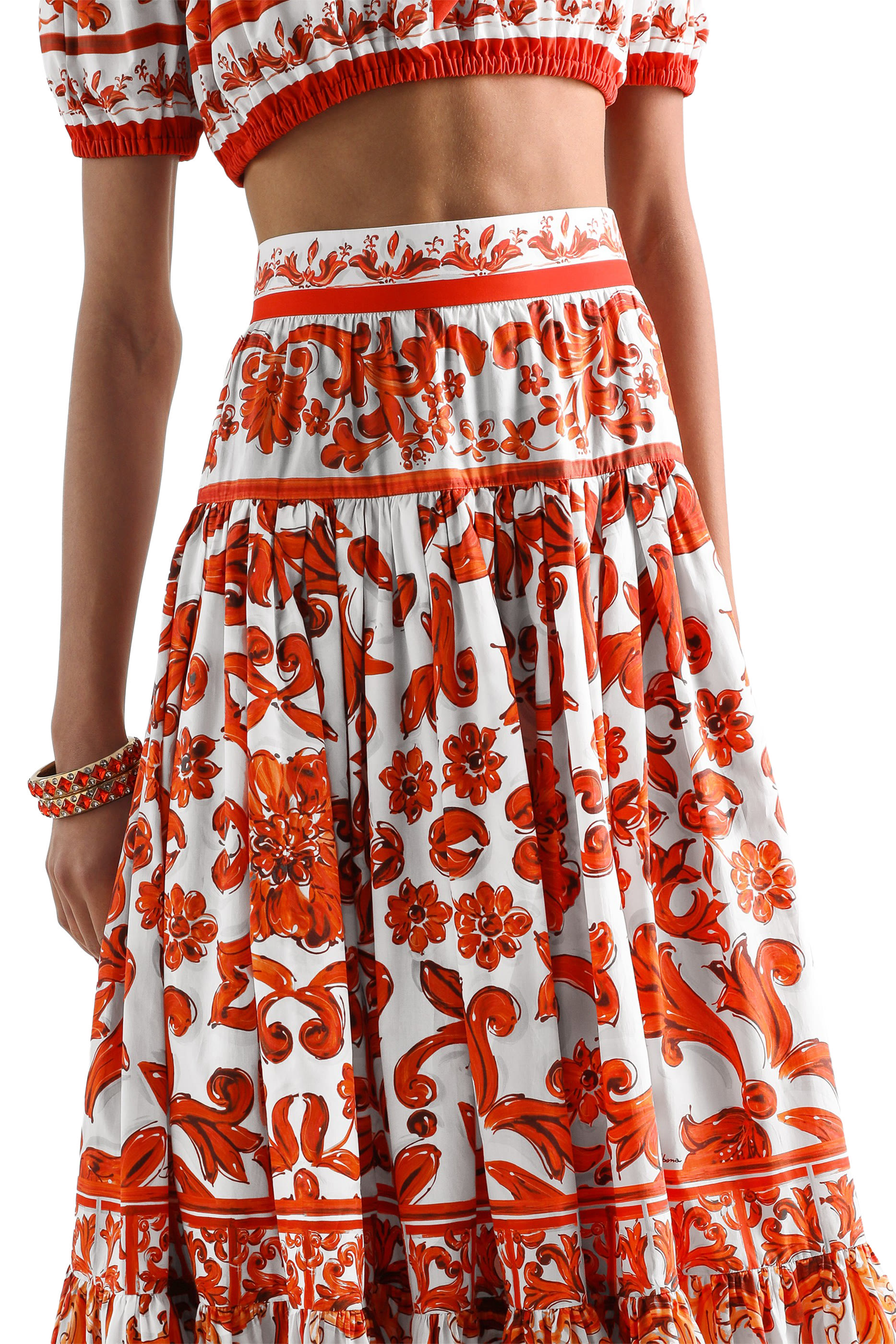 Majolica-Print Poplin Long Skirt